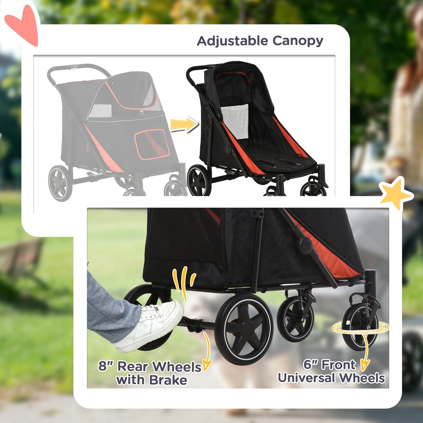 Pet Stroller with Universal Front Wheels, Shock Absorber, One-Click Foldable Dog Cat Carriage with Brakes, Storage Bags, Safety Leash for Large & Medium Dogs, Black