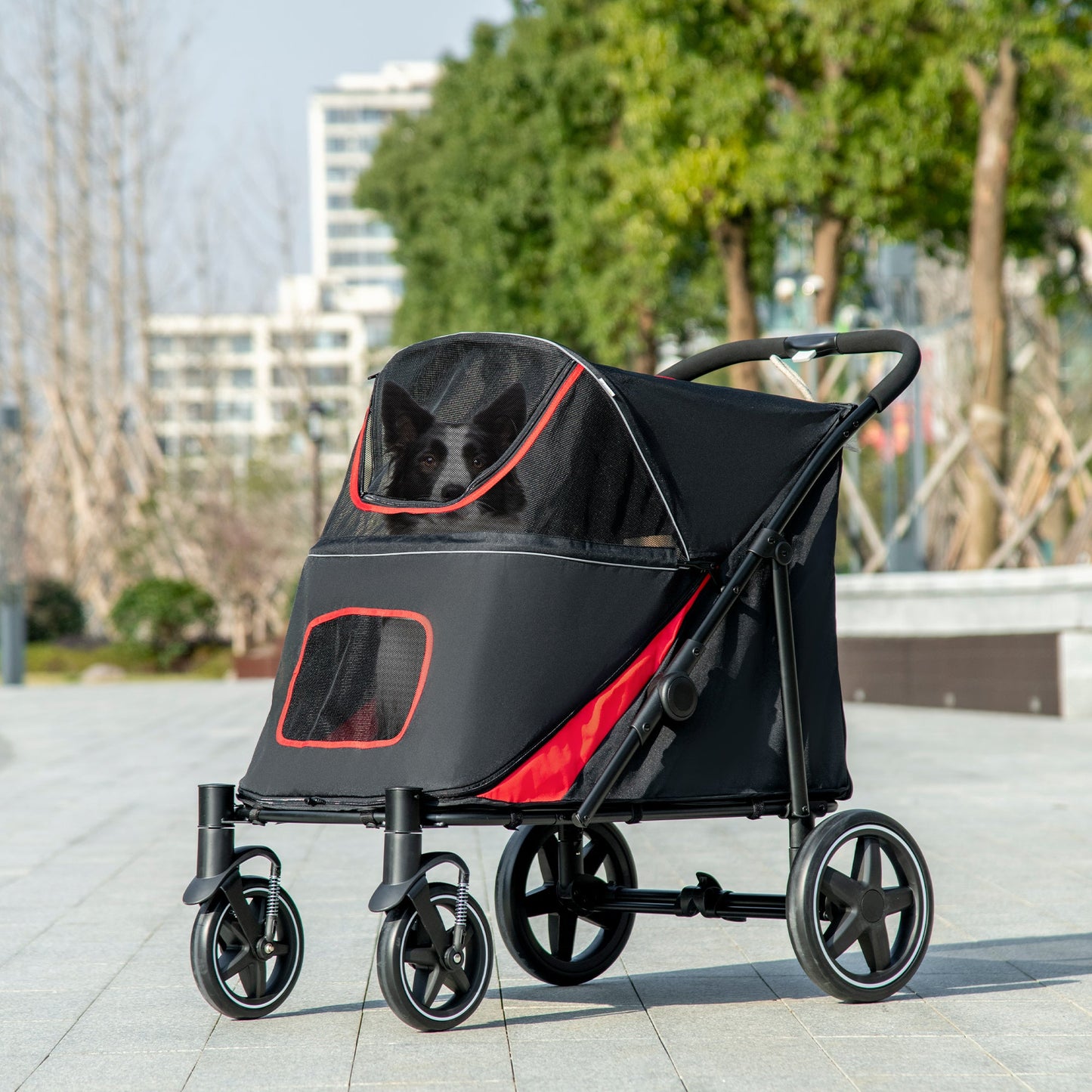 Pet Stroller with Universal Front Wheels, Shock Absorber, One-Click Foldable Dog Cat Carriage with Brakes, Storage Bags, Safety Leash for Large & Medium Dogs, Black
