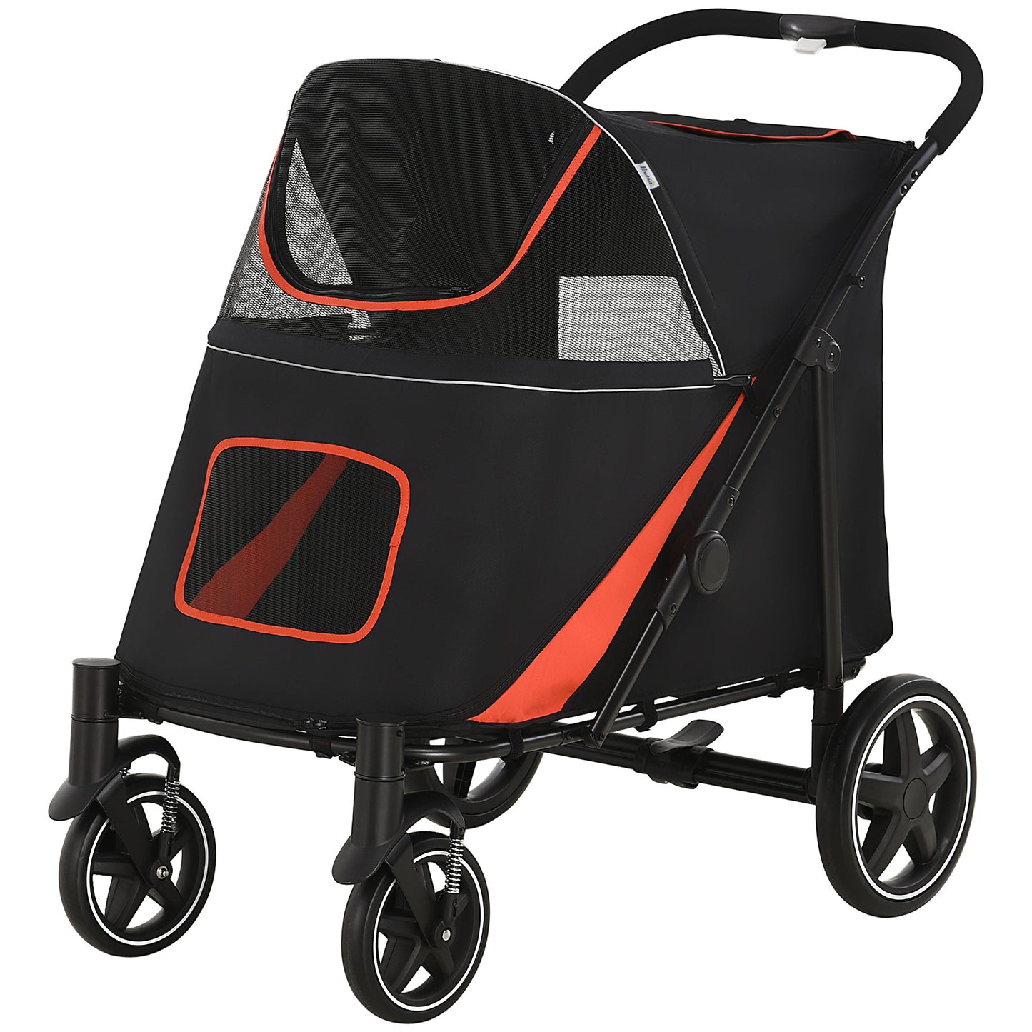 Pet Stroller with Universal Front Wheels, Shock Absorber, One-Click Foldable Dog Cat Carriage with Brakes, Storage Bags, Safety Leash for Large & Medium Dogs, Black