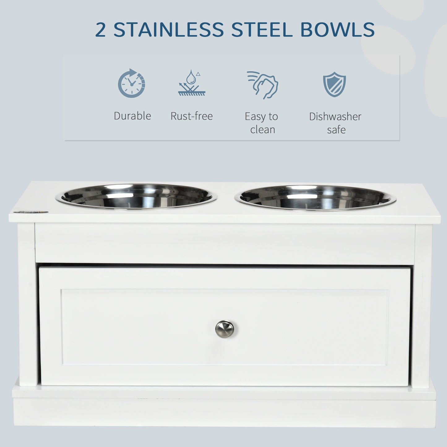 Elevated Dog Bowls with Storage Drawer, Raised Dog Bowls with Stand, 2 Stainless Steel Bowls for Large Dogs, White