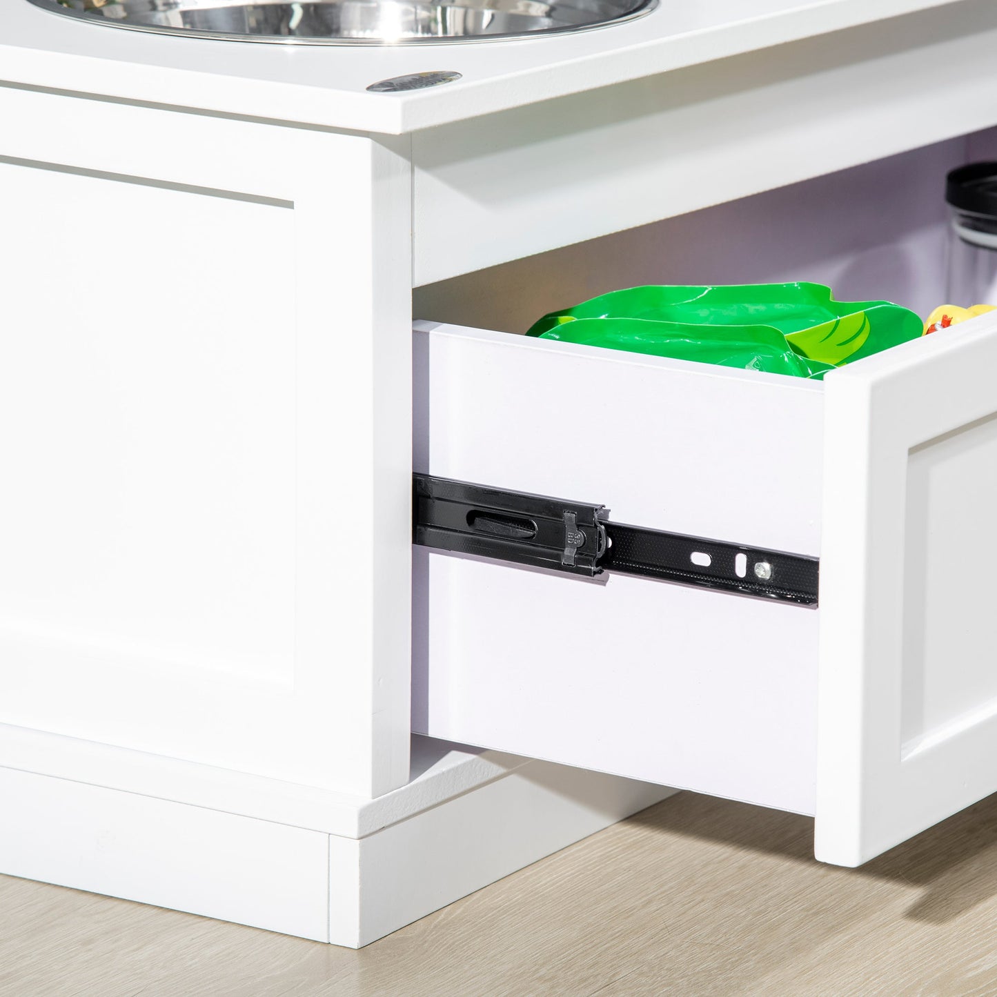Elevated Dog Bowls with Storage Drawer, Raised Dog Bowls with Stand, 2 Stainless Steel Bowls for Large Dogs, White