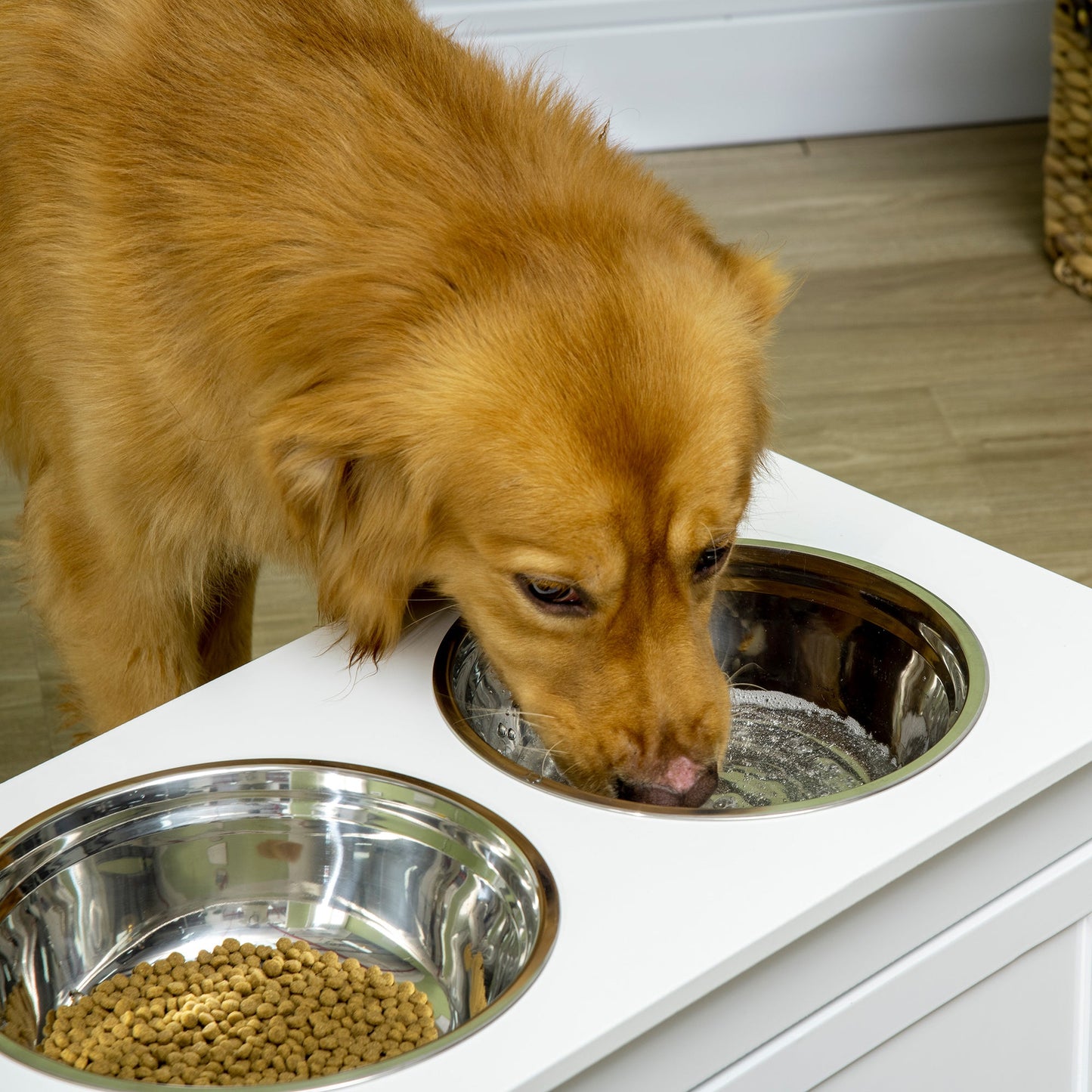 Elevated Dog Bowls with Storage Drawer, Raised Dog Bowls with Stand, 2 Stainless Steel Bowls for Large Dogs, White