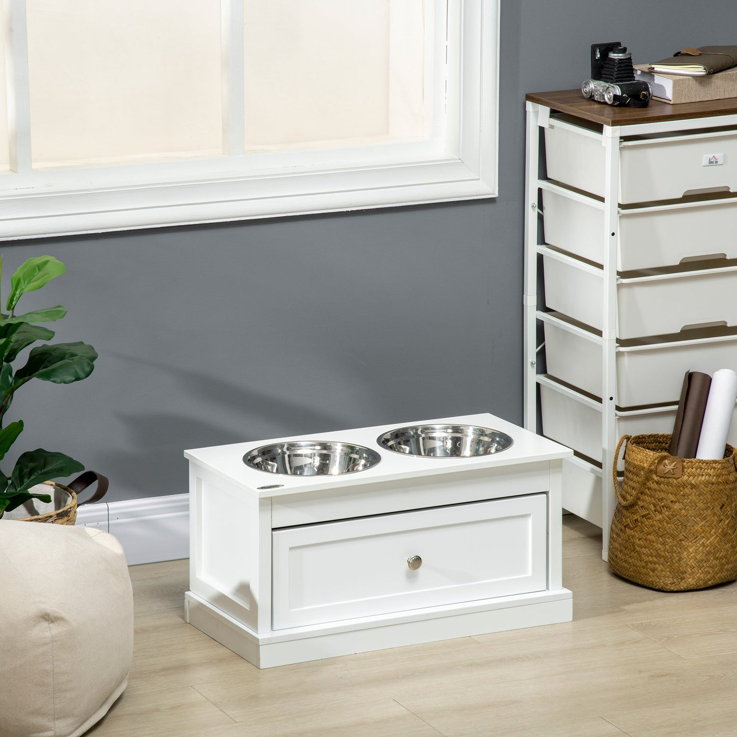 Elevated Dog Bowls with Storage Drawer, Raised Dog Bowls with Stand, 2 Stainless Steel Bowls for Large Dogs, White