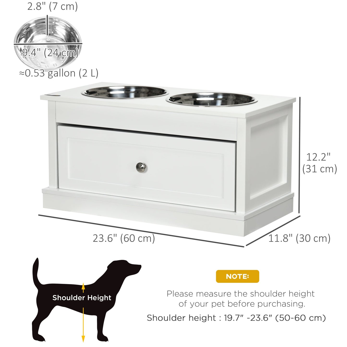 Elevated Dog Bowls with Storage Drawer, Raised Dog Bowls with Stand, 2 Stainless Steel Bowls for Large Dogs, White
