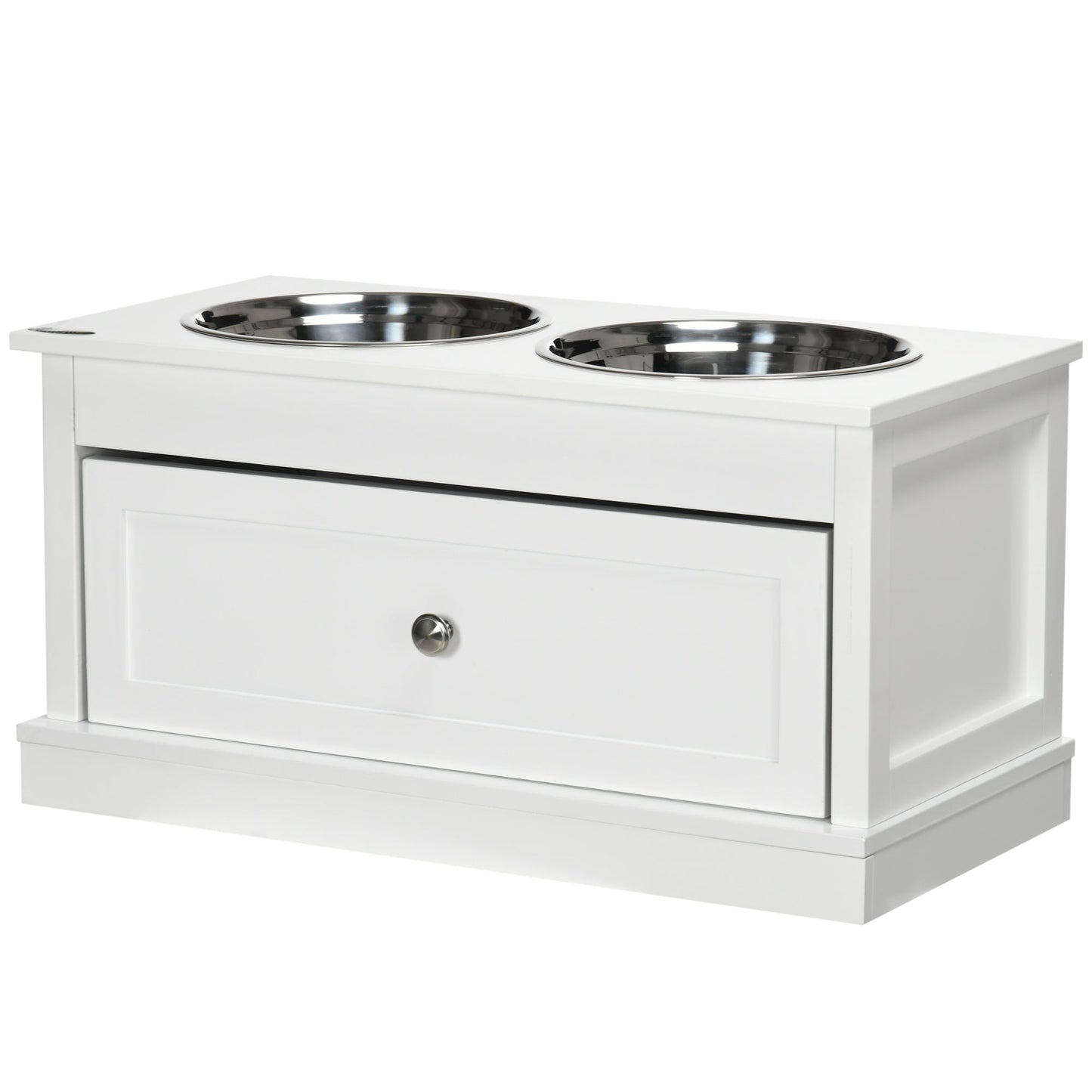 Elevated Dog Bowls with Storage Drawer, Raised Dog Bowls with Stand, 2 Stainless Steel Bowls for Large Dogs, White
