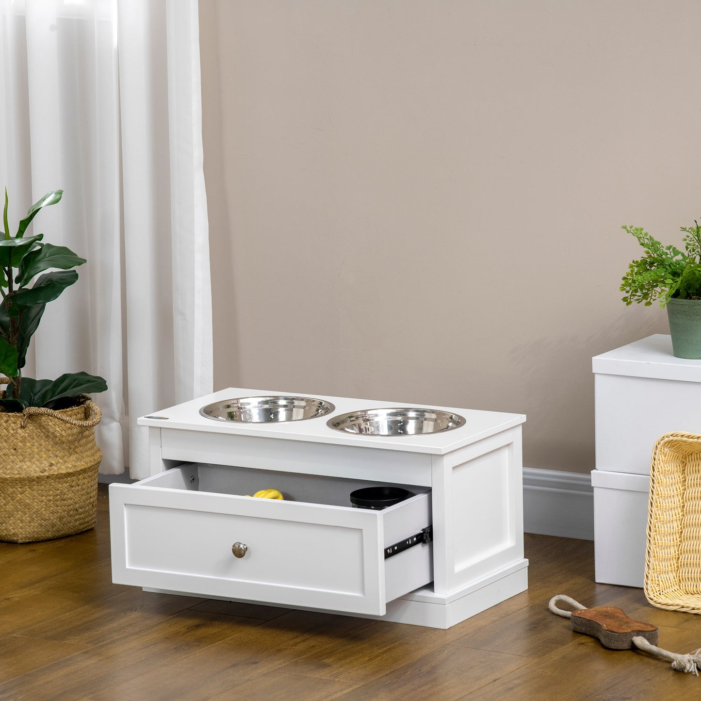 Elevated Dog Bowls with Storage Drawer, Raised Dog Bowls with Stand, 2 Stainless Steel Bowls for Large Dogs, White