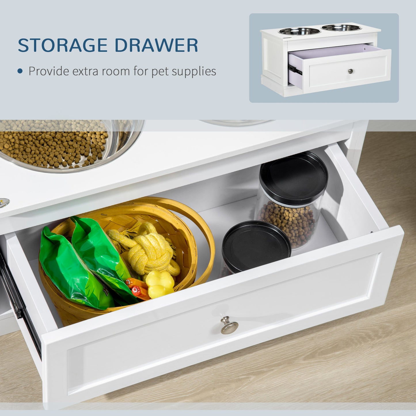 Elevated Dog Bowls with Storage Drawer, Raised Dog Bowls with Stand, 2 Stainless Steel Bowls for Large Dogs, White