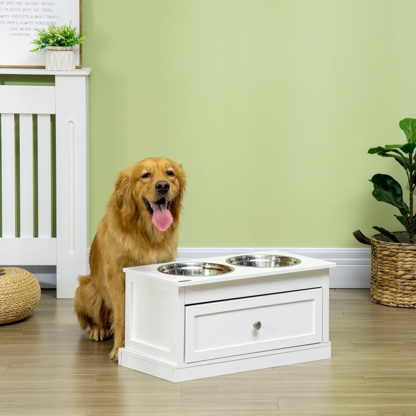 Elevated Dog Bowls with Storage Drawer, Raised Dog Bowls with Stand, 2 Stainless Steel Bowls for Large Dogs, White