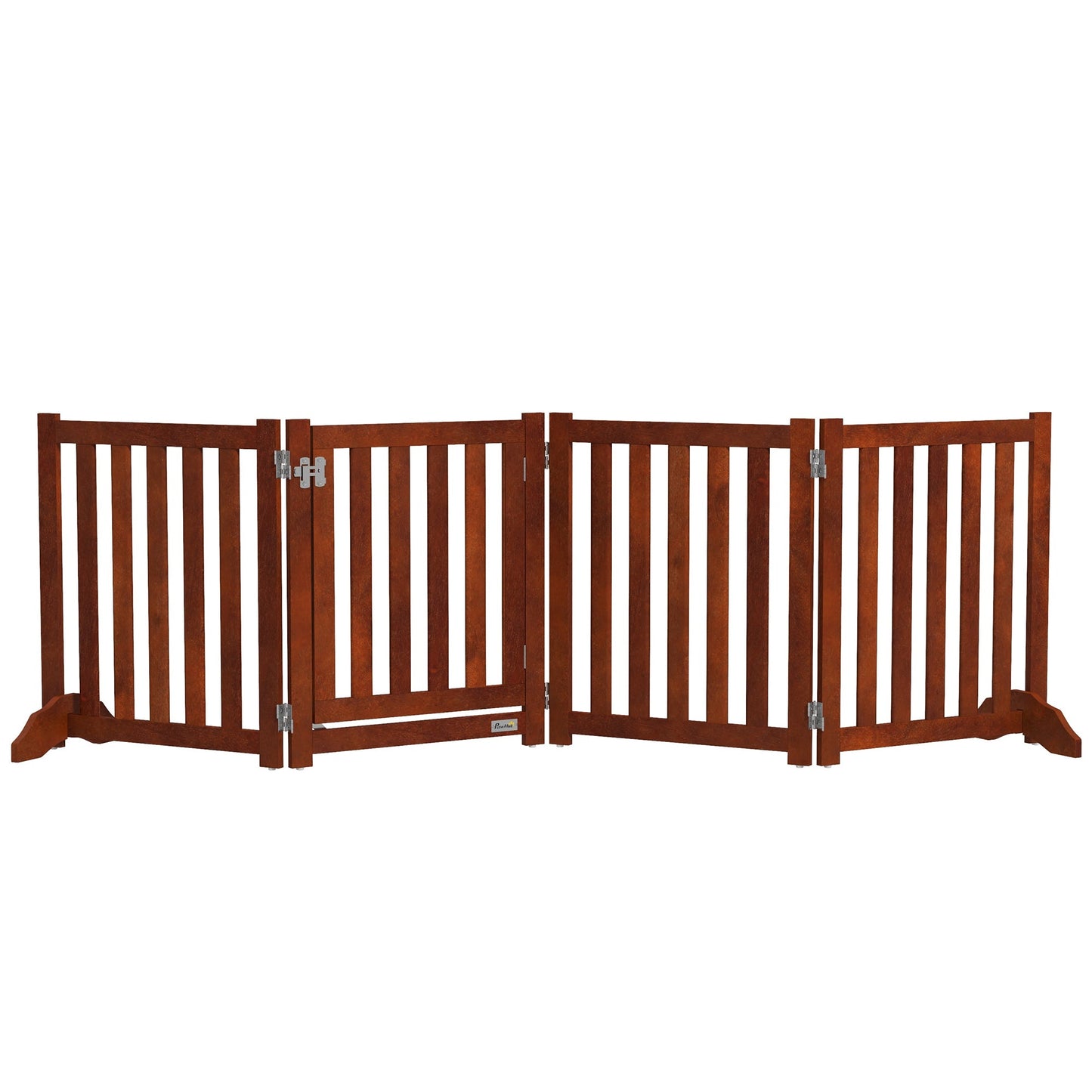 23.5"H Foldable Dog Gate with Door, 4 Panels Freestanding Pet Gate Barriers Indoor with Support Feet, Puppy Fence for Small Dogs, Brown