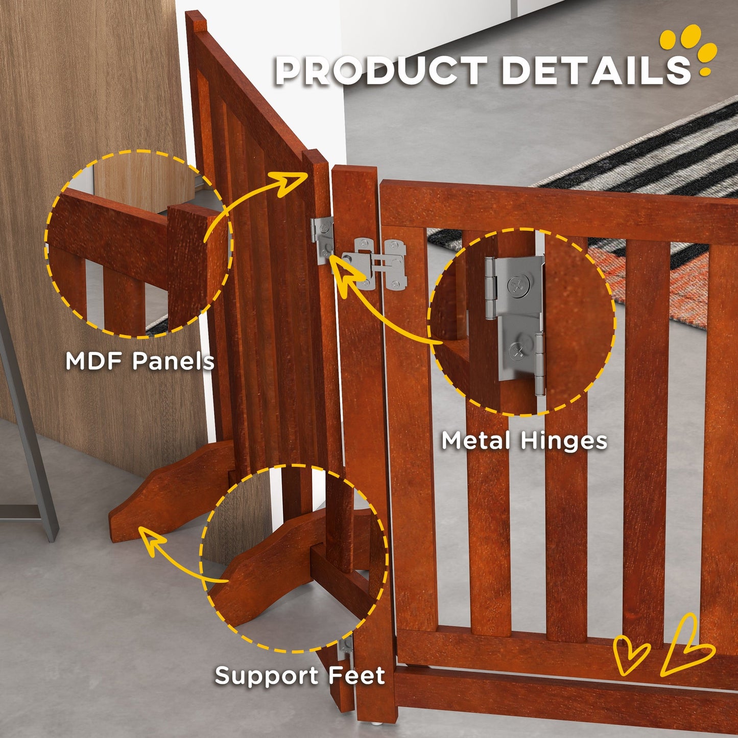23.5"H Foldable Dog Gate with Door, 4 Panels Freestanding Pet Gate Barriers Indoor with Support Feet, Puppy Fence for Small Dogs, Brown