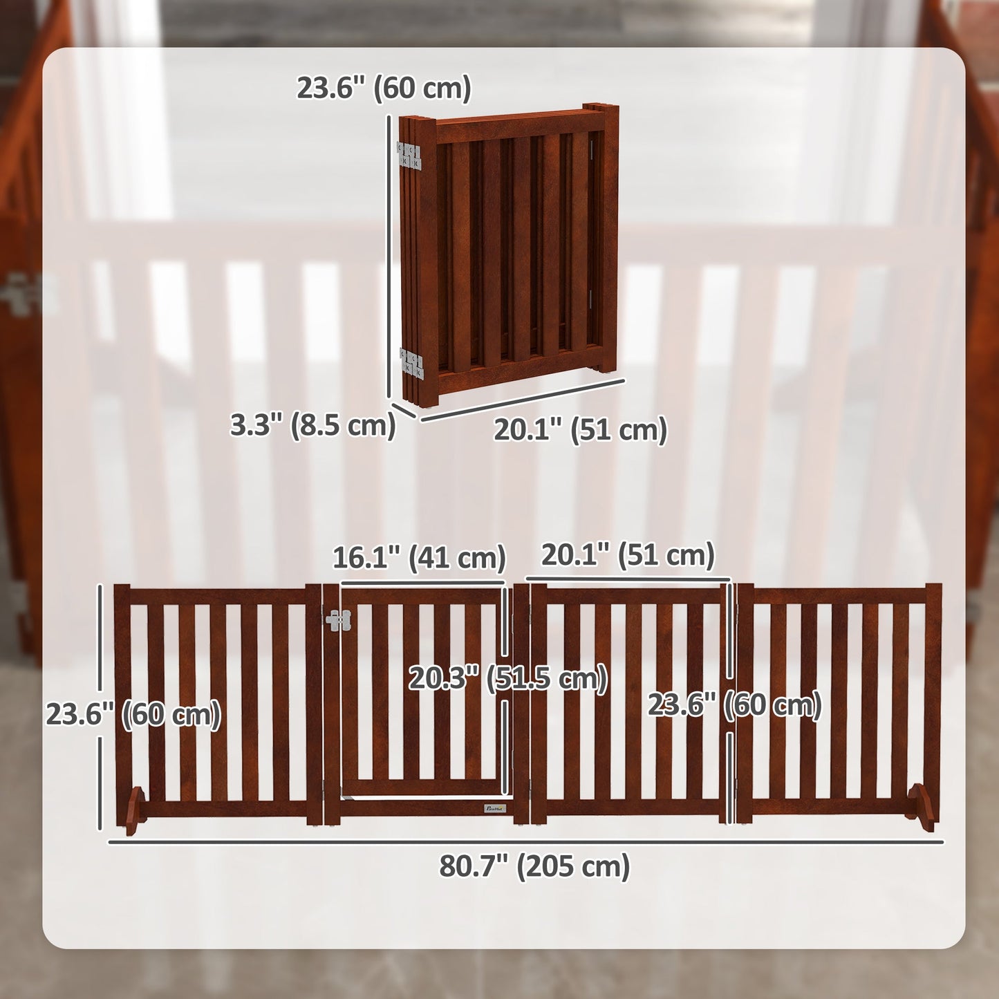 23.5"H Foldable Dog Gate with Door, 4 Panels Freestanding Pet Gate Barriers Indoor with Support Feet, Puppy Fence for Small Dogs, Brown