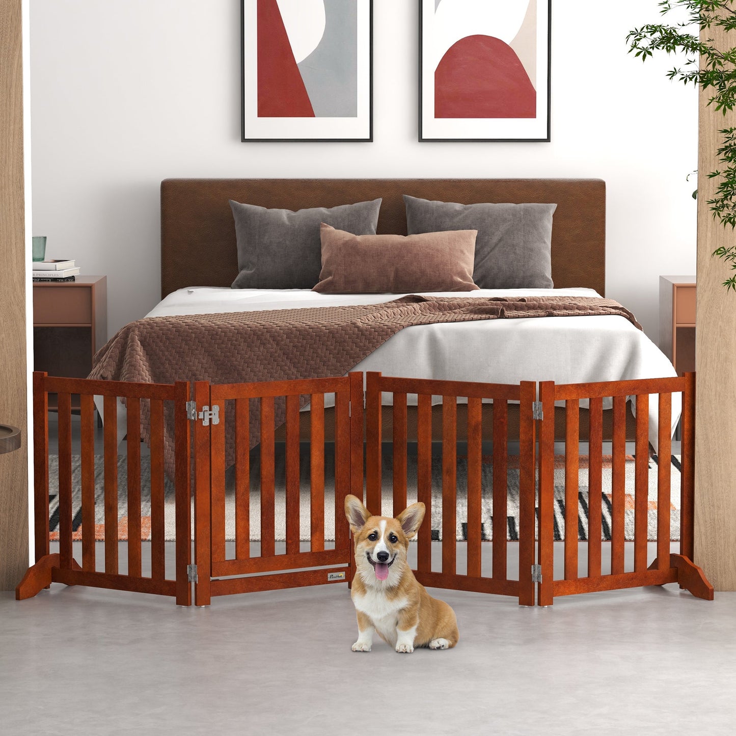 23.5"H Foldable Dog Gate with Door, 4 Panels Freestanding Pet Gate Barriers Indoor with Support Feet, Puppy Fence for Small Dogs, Brown