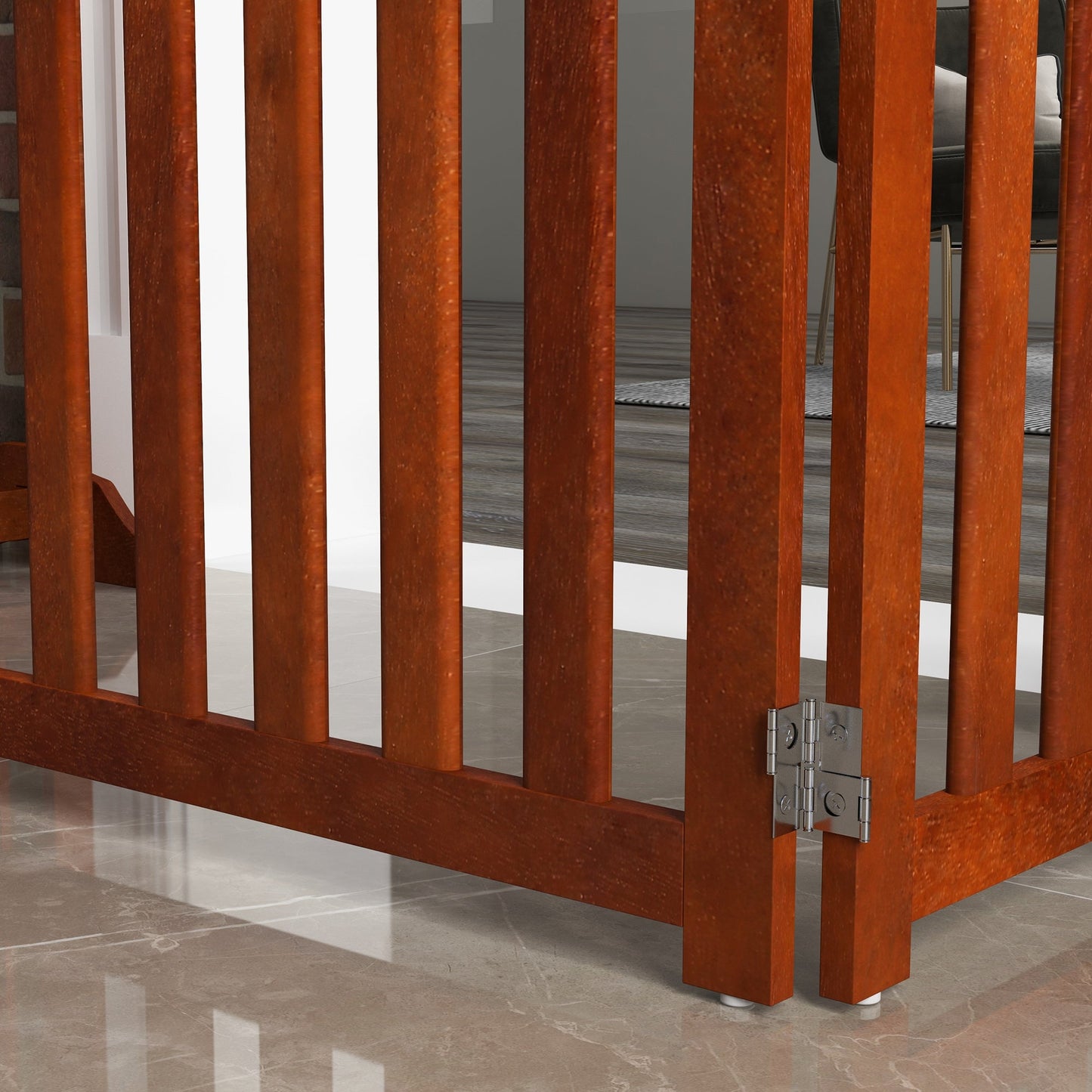 23.5"H Foldable Dog Gate with Door, 4 Panels Freestanding Pet Gate Barriers Indoor with Support Feet, Puppy Fence for Small Dogs, Brown