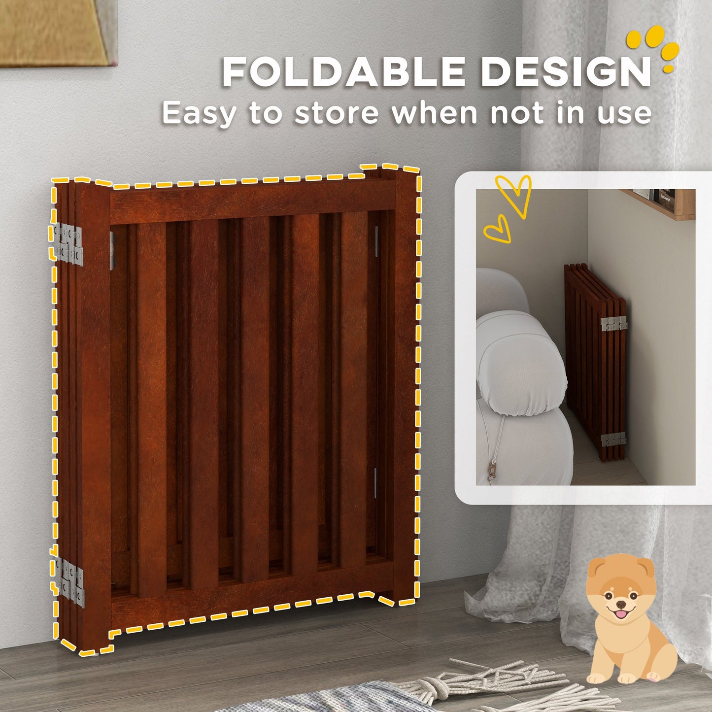 23.5"H Foldable Dog Gate with Door, 4 Panels Freestanding Pet Gate Barriers Indoor with Support Feet, Puppy Fence for Small Dogs, Brown