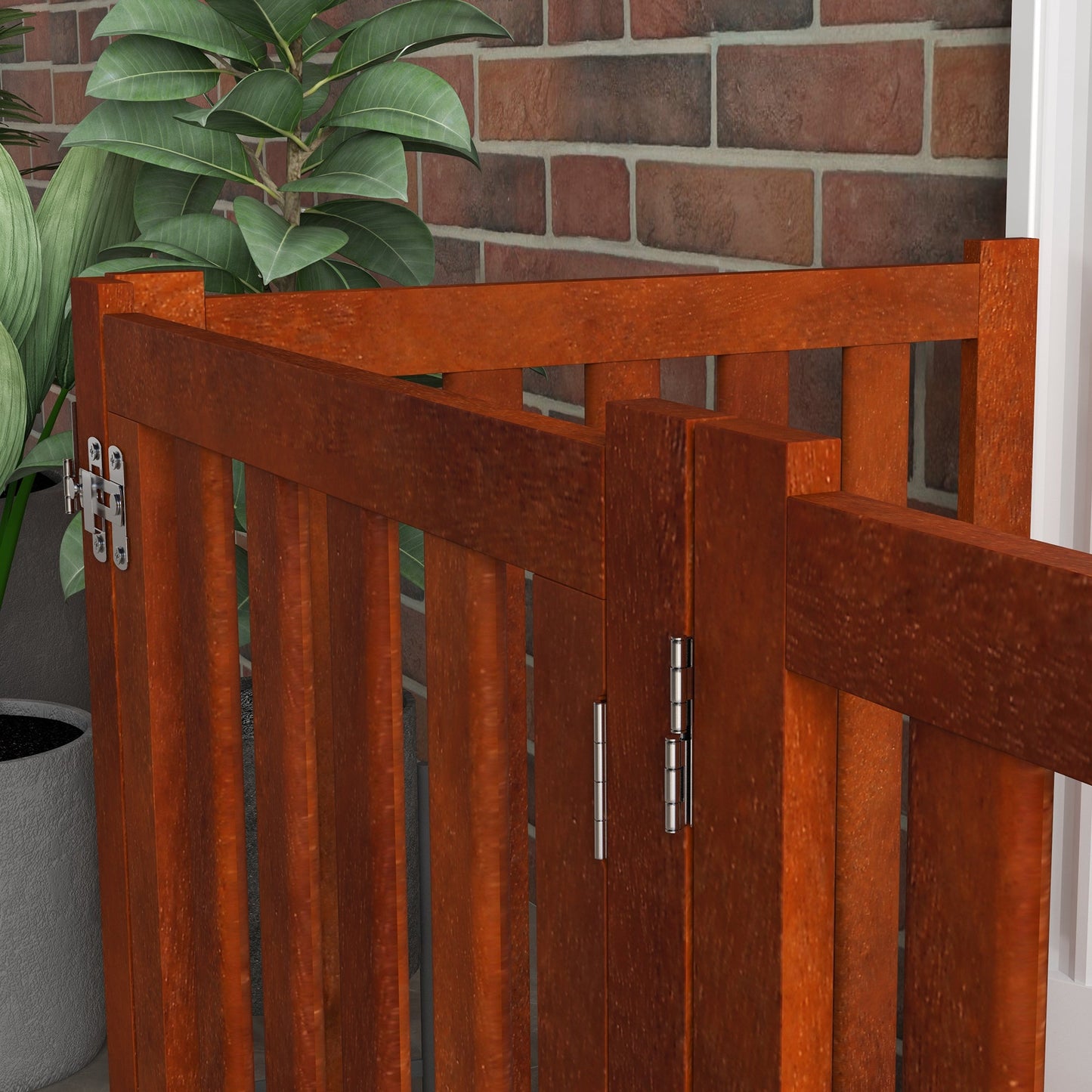 23.5"H Foldable Dog Gate with Door, 4 Panels Freestanding Pet Gate Barriers Indoor with Support Feet, Puppy Fence for Small Dogs, Brown