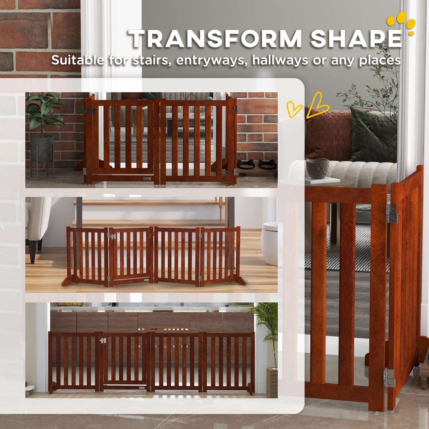 23.5"H Foldable Dog Gate with Door, 4 Panels Freestanding Pet Gate Barriers Indoor with Support Feet, Puppy Fence for Small Dogs, Brown