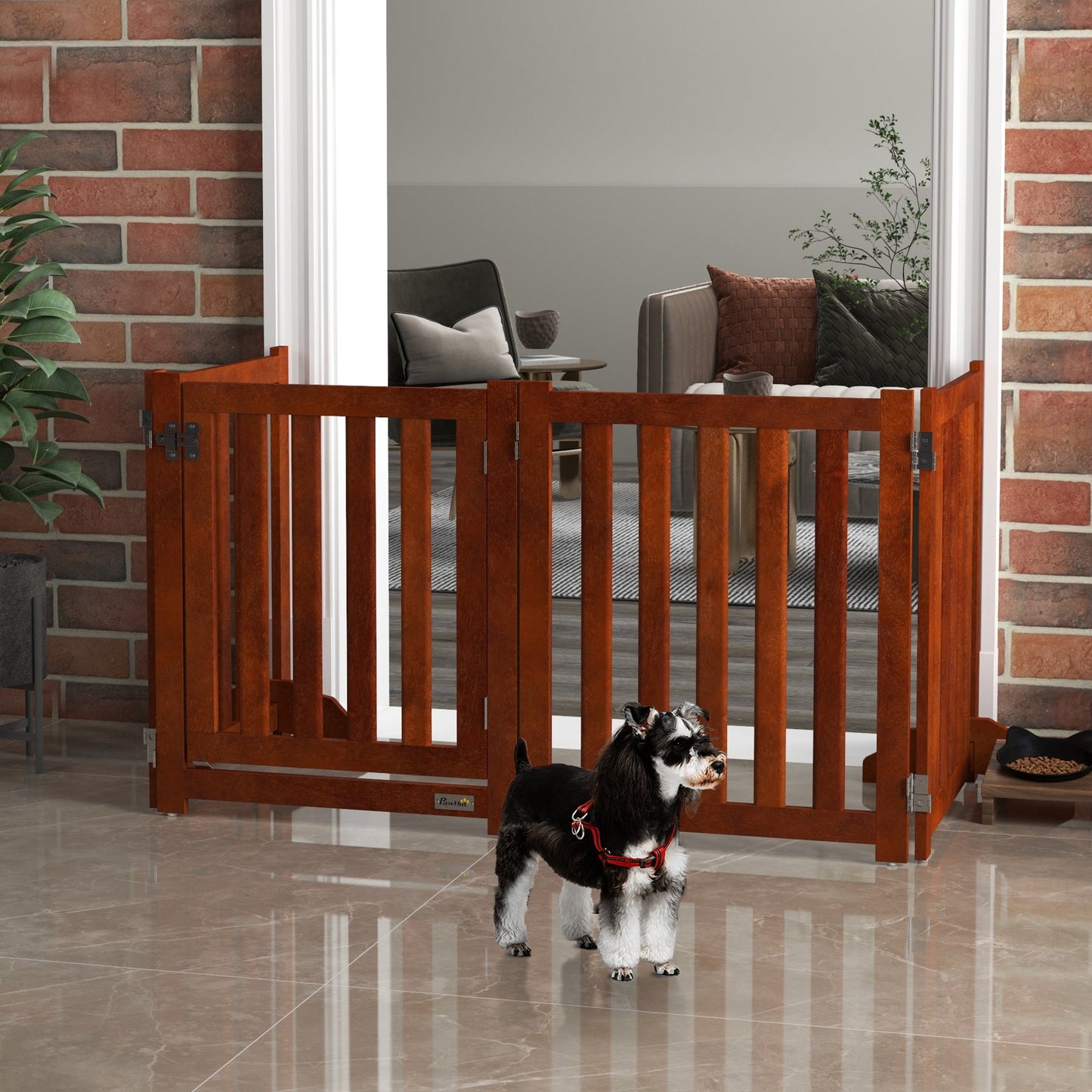 23.5"H Foldable Dog Gate with Door, 4 Panels Freestanding Pet Gate Barriers Indoor with Support Feet, Puppy Fence for Small Dogs, Brown