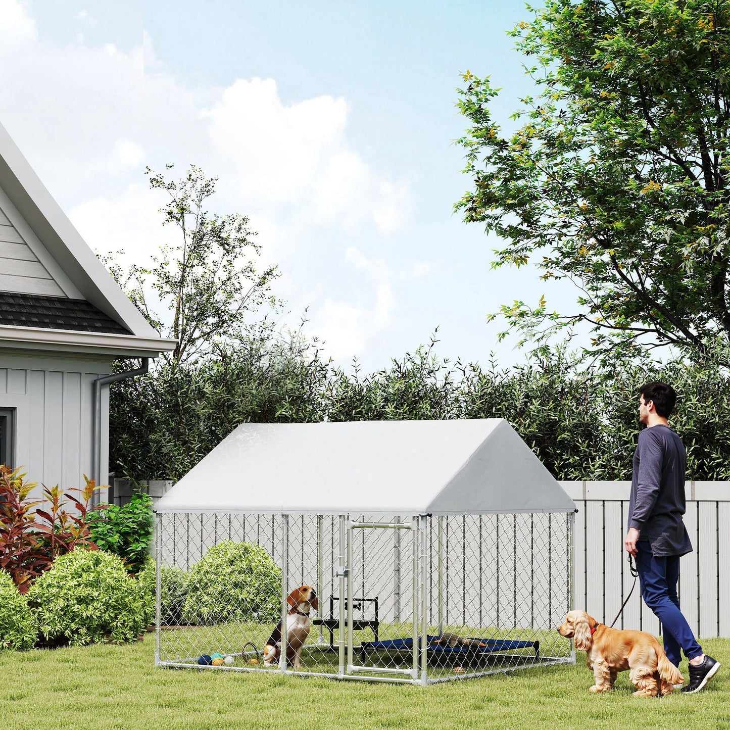 Outdoor Dog Kennel with Roof, Heavy Duty Galvanized Steel Dog Run Chain Link w/ Waterproof UV-Resistant Cover, Safety Lockable Latch System, 2.1' x 1.8' x 1.6'