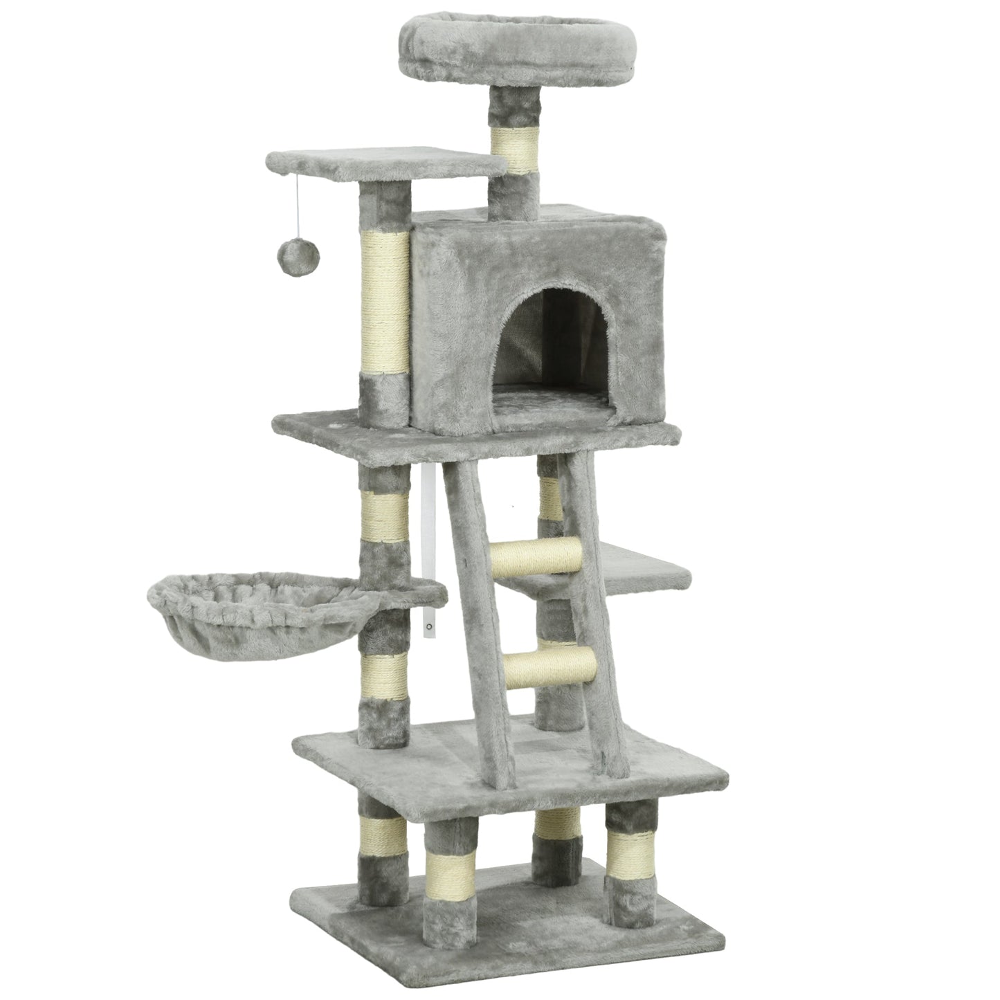 Cat Tree, Cat Tower for Indoor Cats with Sisal Scratching Post, Cat Condo, Hammock, Bed, Ladder, Platforms, Toy Balls for Kittens, Light Grey