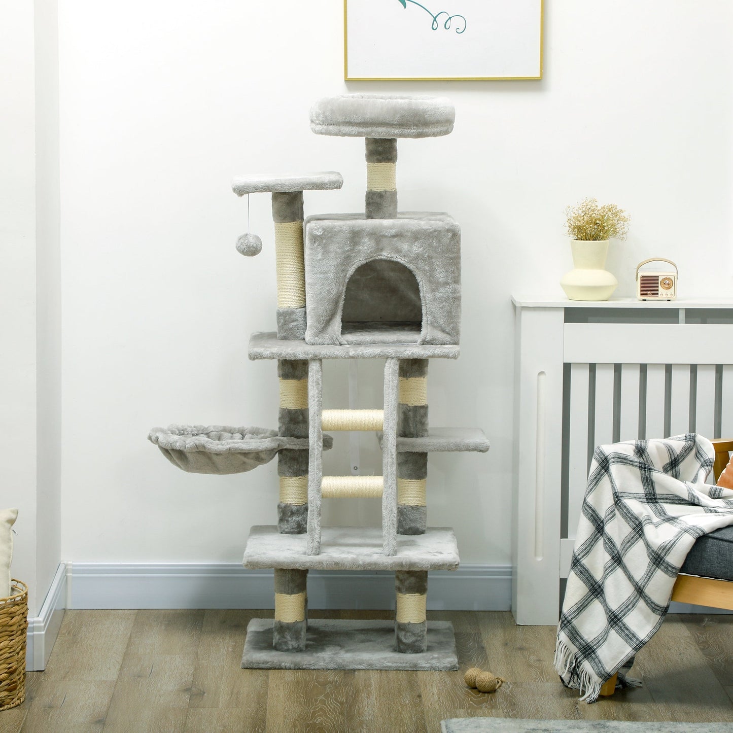 Cat Tree, Cat Tower for Indoor Cats with Sisal Scratching Post, Cat Condo, Hammock, Bed, Ladder, Platforms, Toy Balls for Kittens, Light Grey