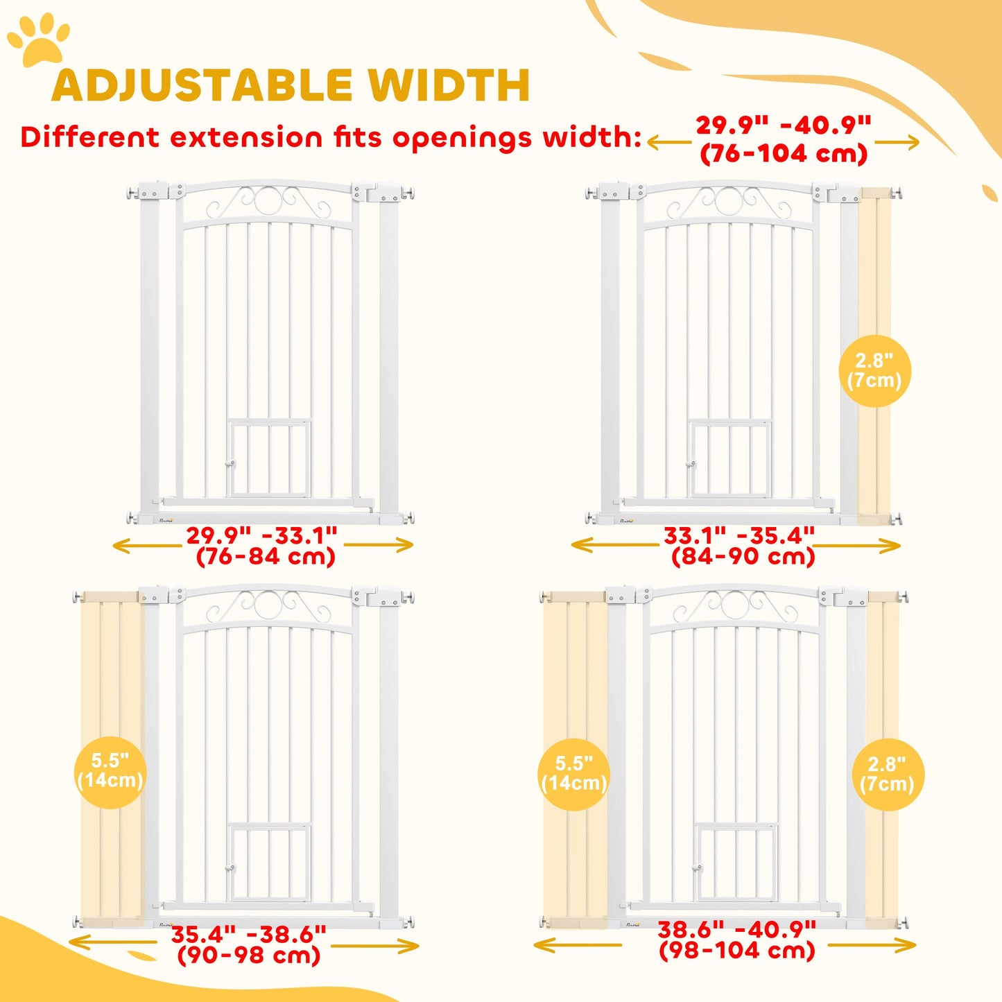 Dog Gate, Walk Through Pet Gate with Small Pet Door, Auto Close, for Doorways, House, Stair, 2 Extension Kits, Pressure Mount Kit, 30"-41" W x 38" H