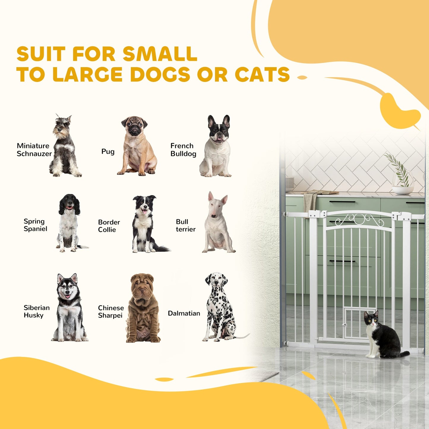 Dog Gate, Walk Through Pet Gate with Small Pet Door, Auto Close, for Doorways, House, Stair, 2 Extension Kits, Pressure Mount Kit, 30"-41" W x 38" H