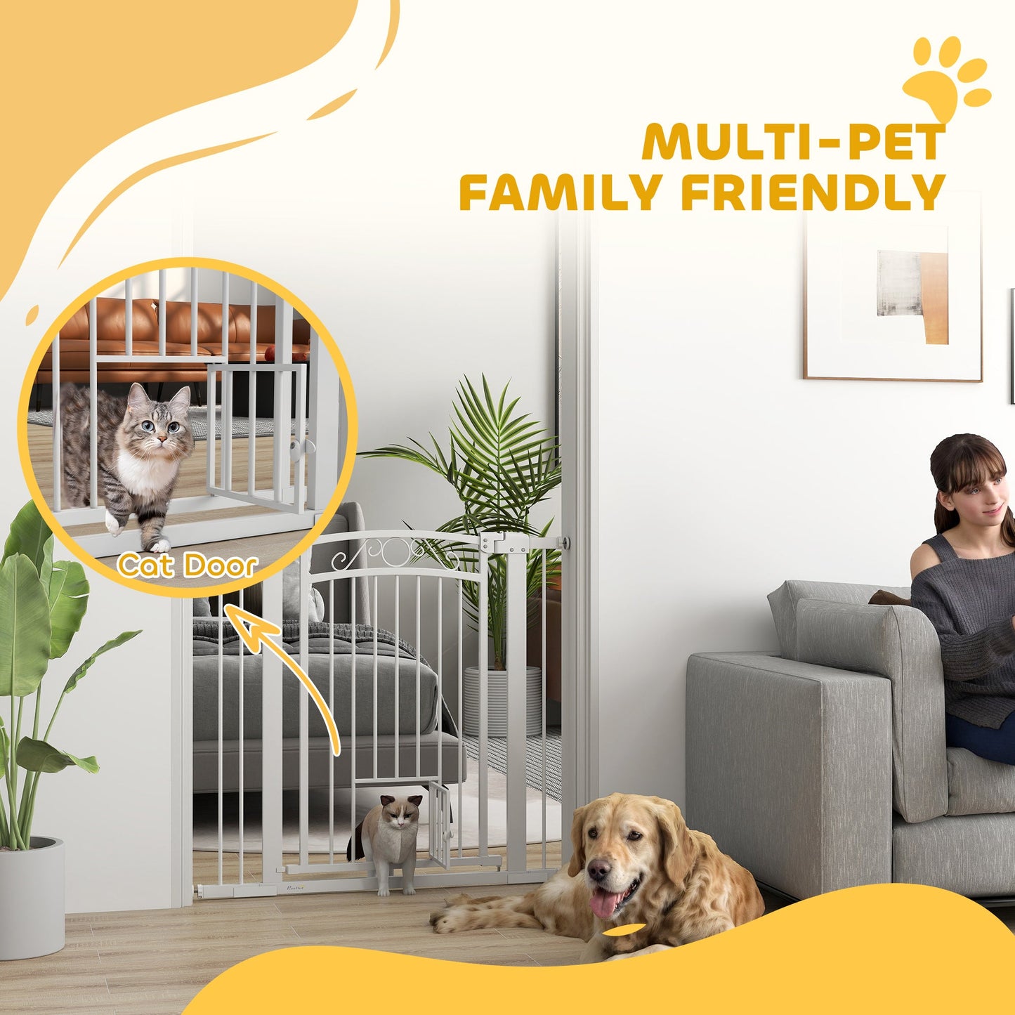 Dog Gate, Walk Through Pet Gate with Small Pet Door, Auto Close, for Doorways, House, Stair, 2 Extension Kits, Pressure Mount Kit, 30"-41" W x 38" H