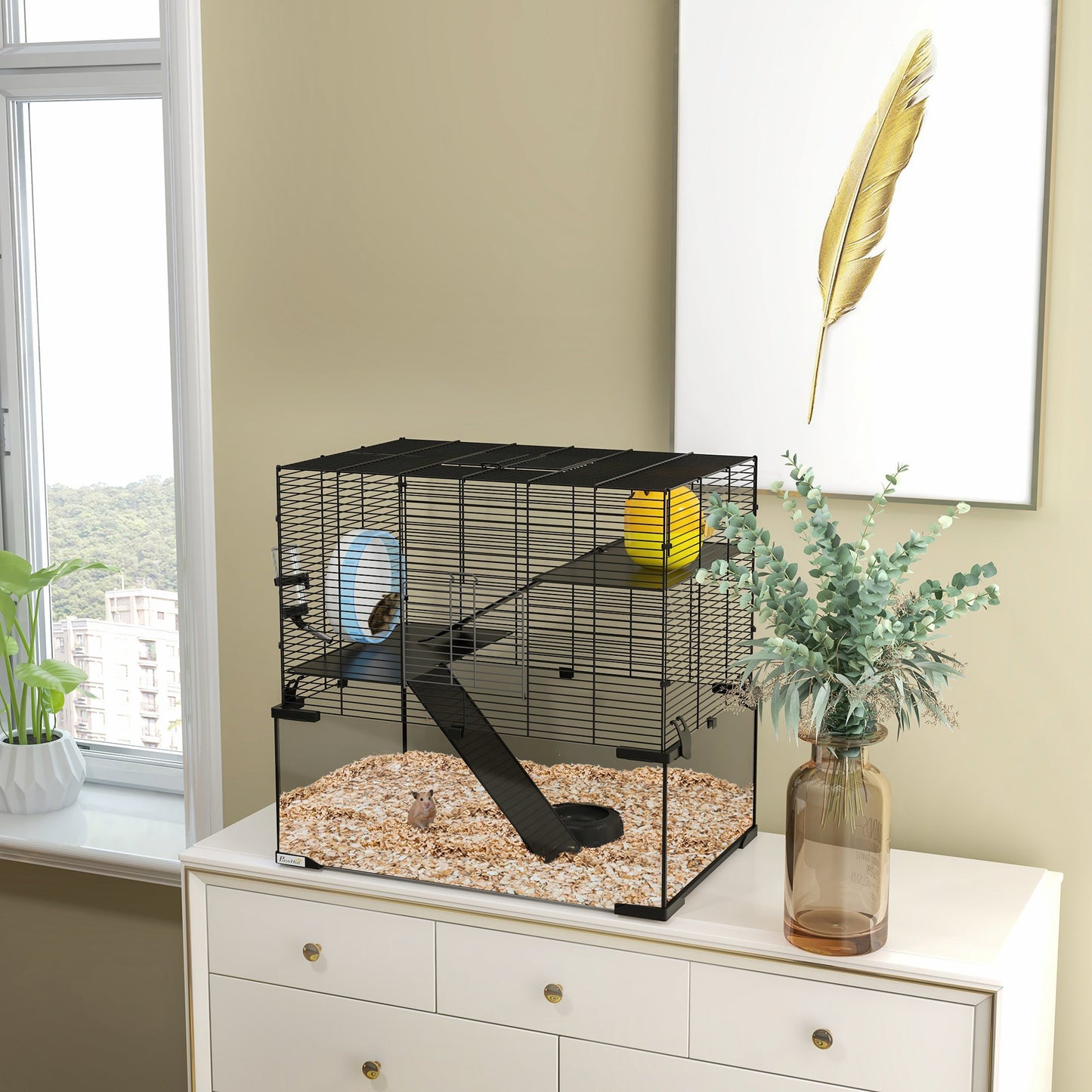 Hamster Cage, Gerbil Cage with Glass Basin, Ramps, Platforms, Hut, Exercise Wheel, Water Bottle, Dish, for Syrian and Dwarf Hamsters, 24" x 16" x 21.5"