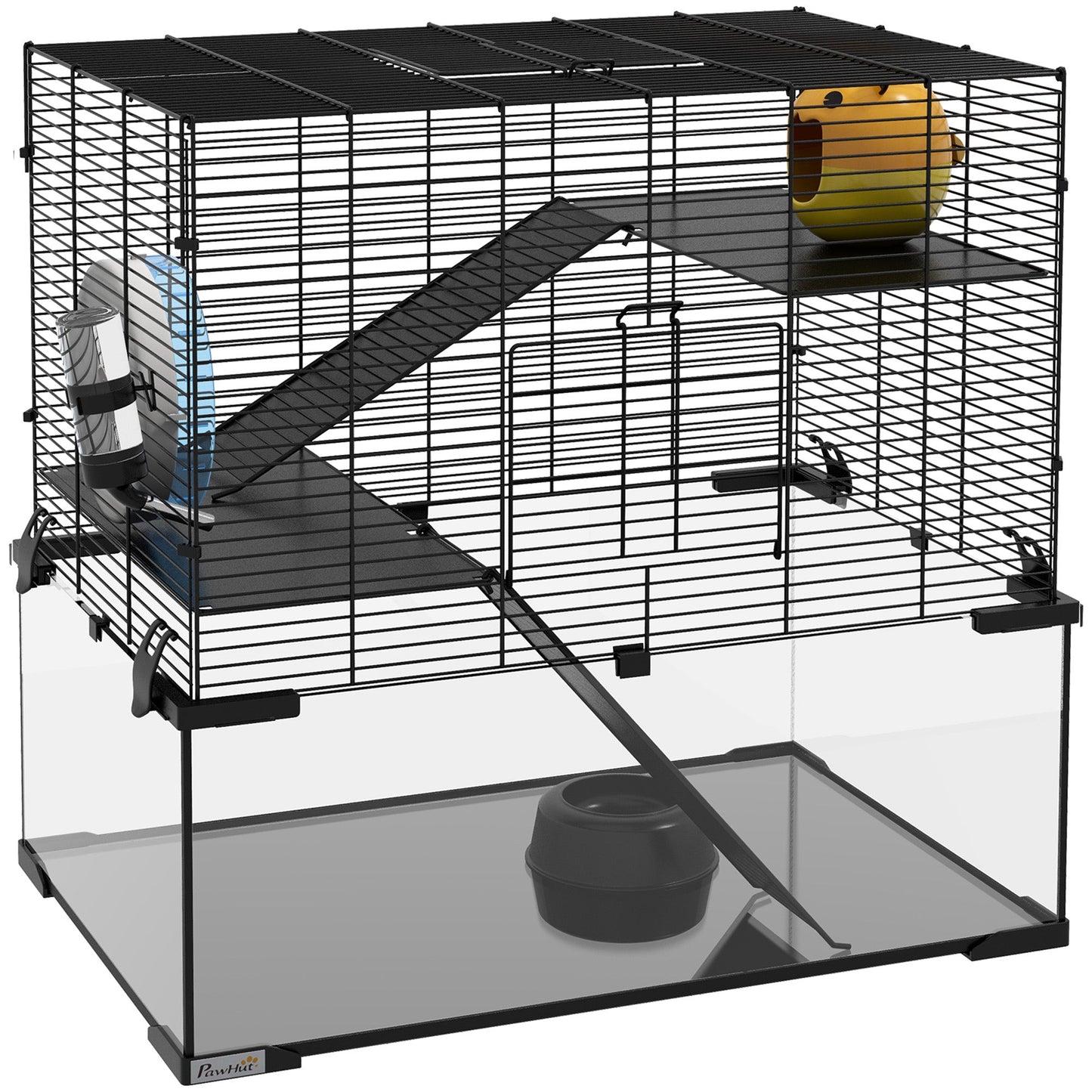 Hamster Cage, Gerbil Cage with Glass Basin, Ramps, Platforms, Hut, Exercise Wheel, Water Bottle, Dish, for Syrian and Dwarf Hamsters, 24" x 16" x 21.5"