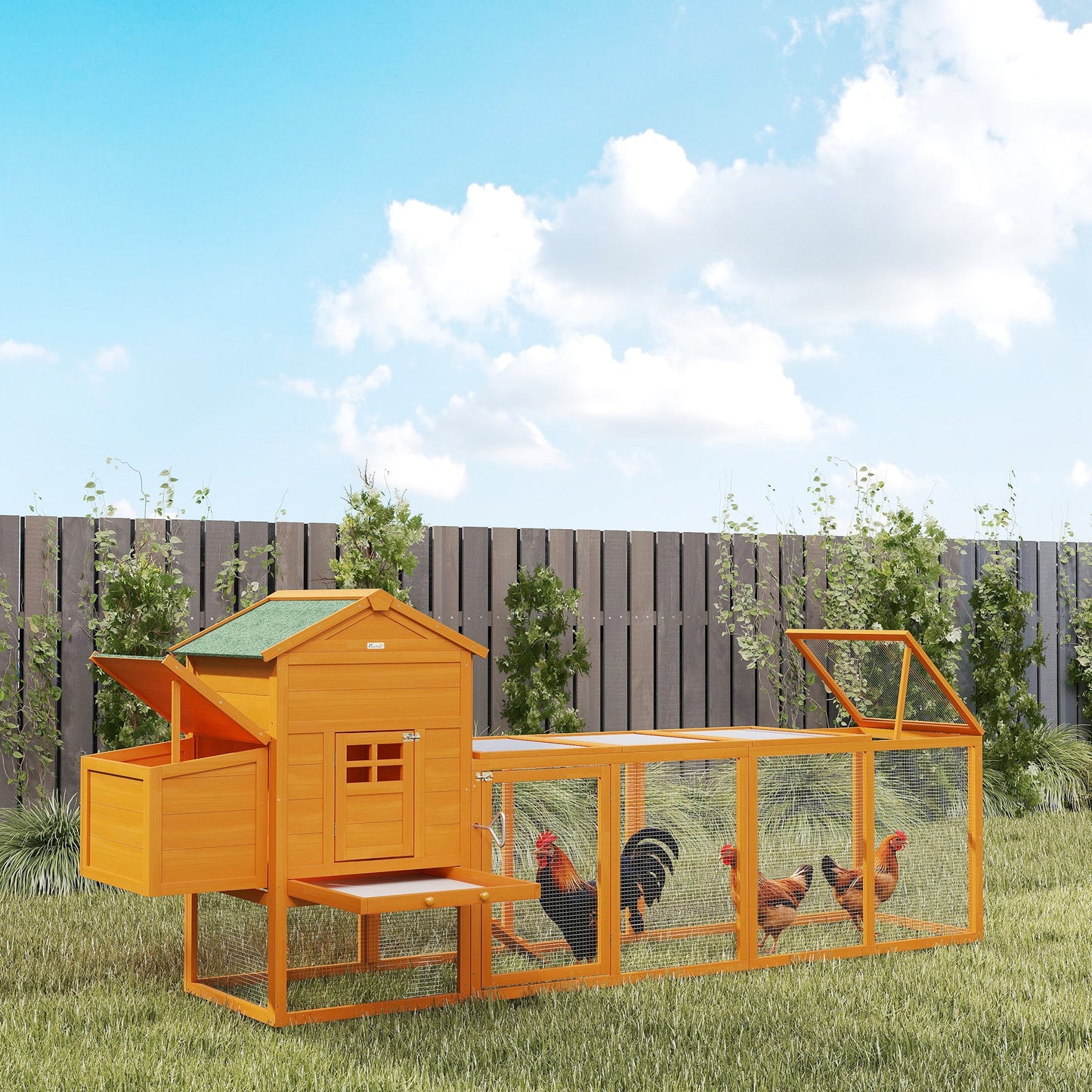 117" Extra Large Chicken Coop with Asphalt Roof, Wooden Hen House with Slide-out Tray, Quail Hutch with Nesting Box, Orange