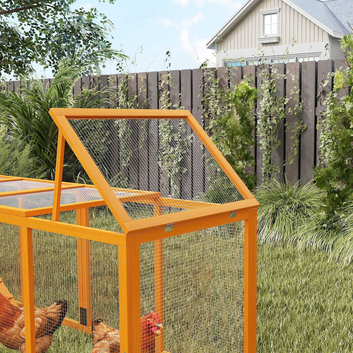 117" Extra Large Chicken Coop with Asphalt Roof, Wooden Hen House with Slide-out Tray, Quail Hutch with Nesting Box, Orange