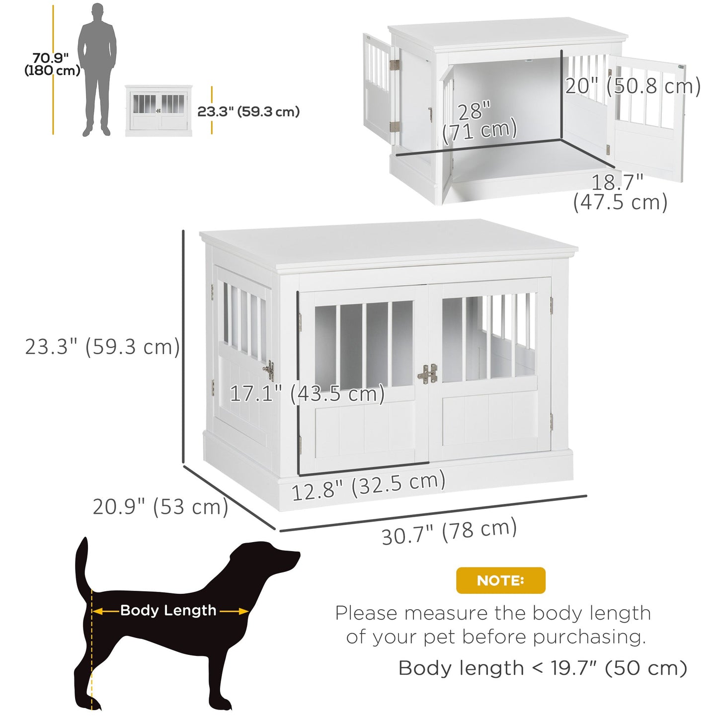 Dog Crate Furniture, 31" Dog Kennel Side End Table with Three Doors, Indoor Dog Cage for Small Dogs, White