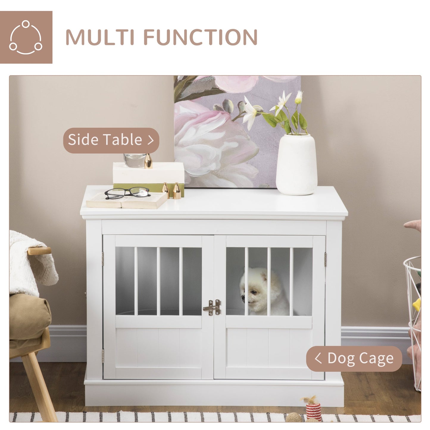 Dog Crate Furniture, 31" Dog Kennel Side End Table with Three Doors, Indoor Dog Cage for Small Dogs, White