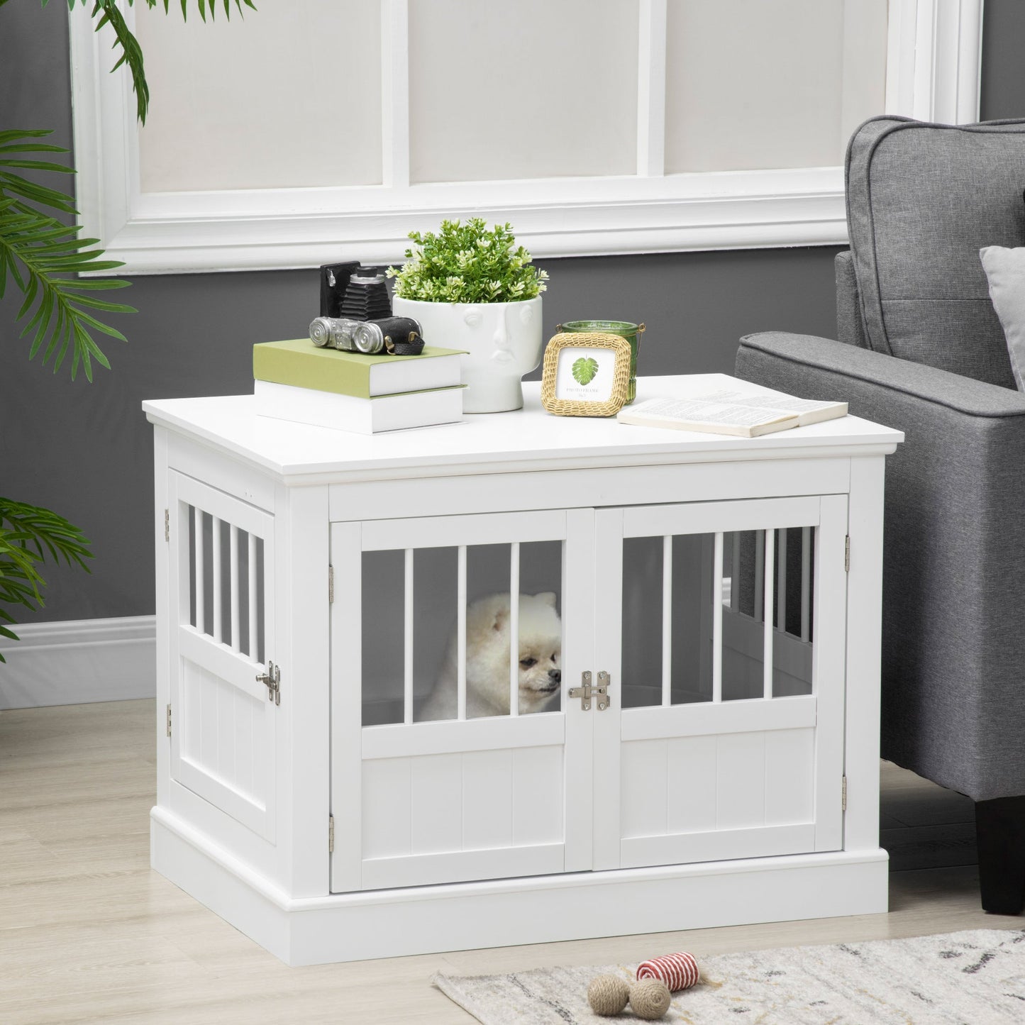 Dog Crate Furniture, 31" Dog Kennel Side End Table with Three Doors, Indoor Dog Cage for Small Dogs, White