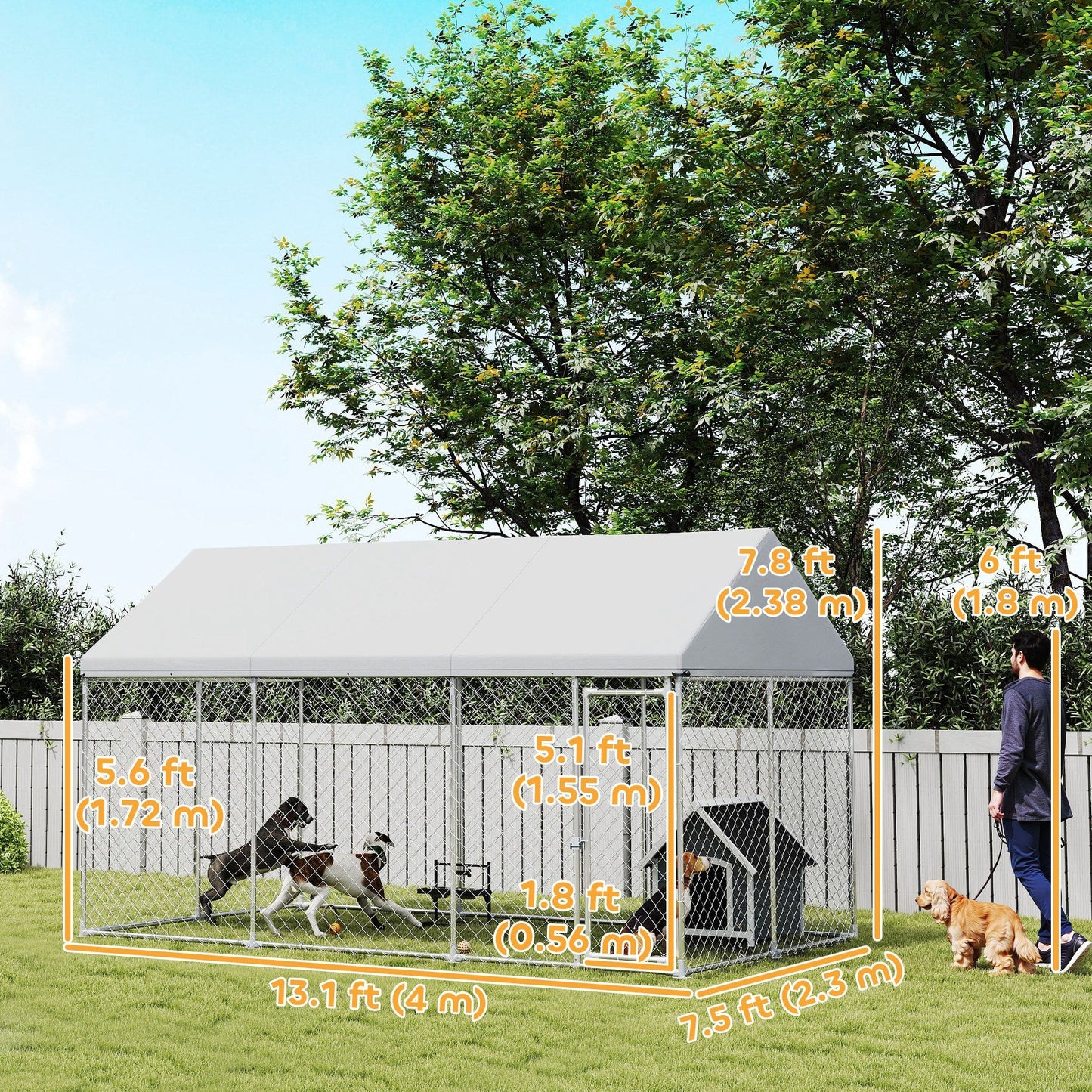 Outdoor Dog Kennel with Roof, Heavy Duty Galvanized Steel Dog Run Chain Link w/ Waterproof UV-Resistant Cover, Safety Lockable Latch System, 13.1' x 7.5' x 7.8