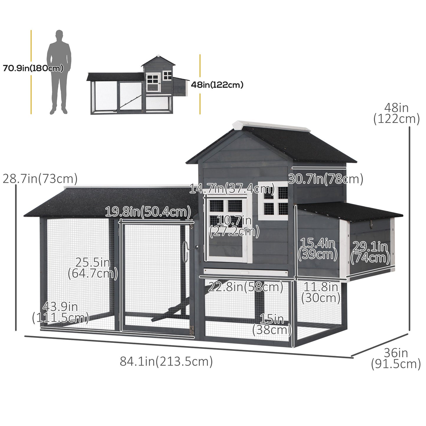 84" Chicken Coop Wooden Hen House Rabbit Hutch Poultry Cage Pen Outdoor Backyard with Nesting Box and Run, Grey