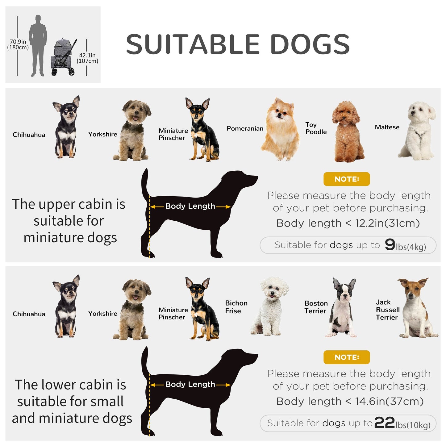 3-in-1 Double Pet Stroller for Small Miniature Dogs Cats with Removable Carrier, Foldable Travel Carrier Bag, Car Seat, Grey