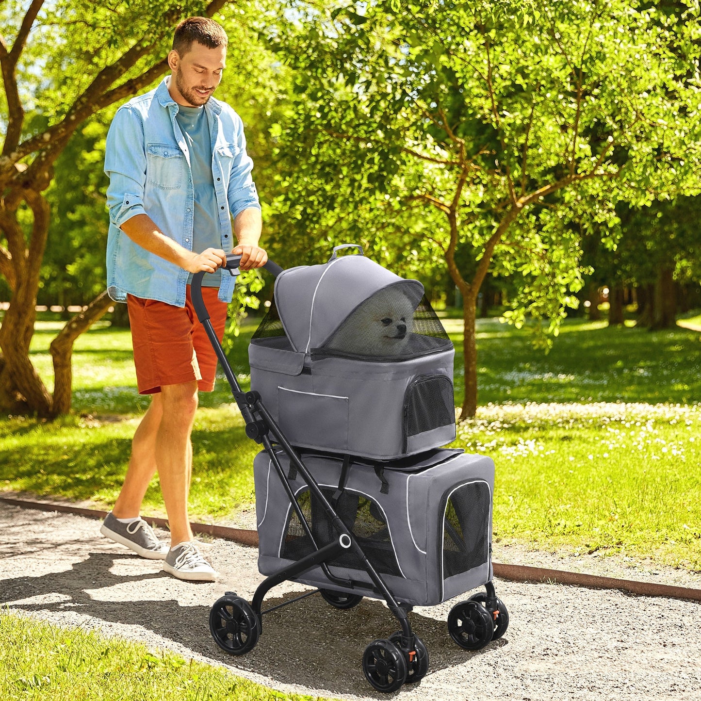 3-in-1 Double Pet Stroller for Small Miniature Dogs Cats with Removable Carrier, Foldable Travel Carrier Bag, Car Seat, Grey