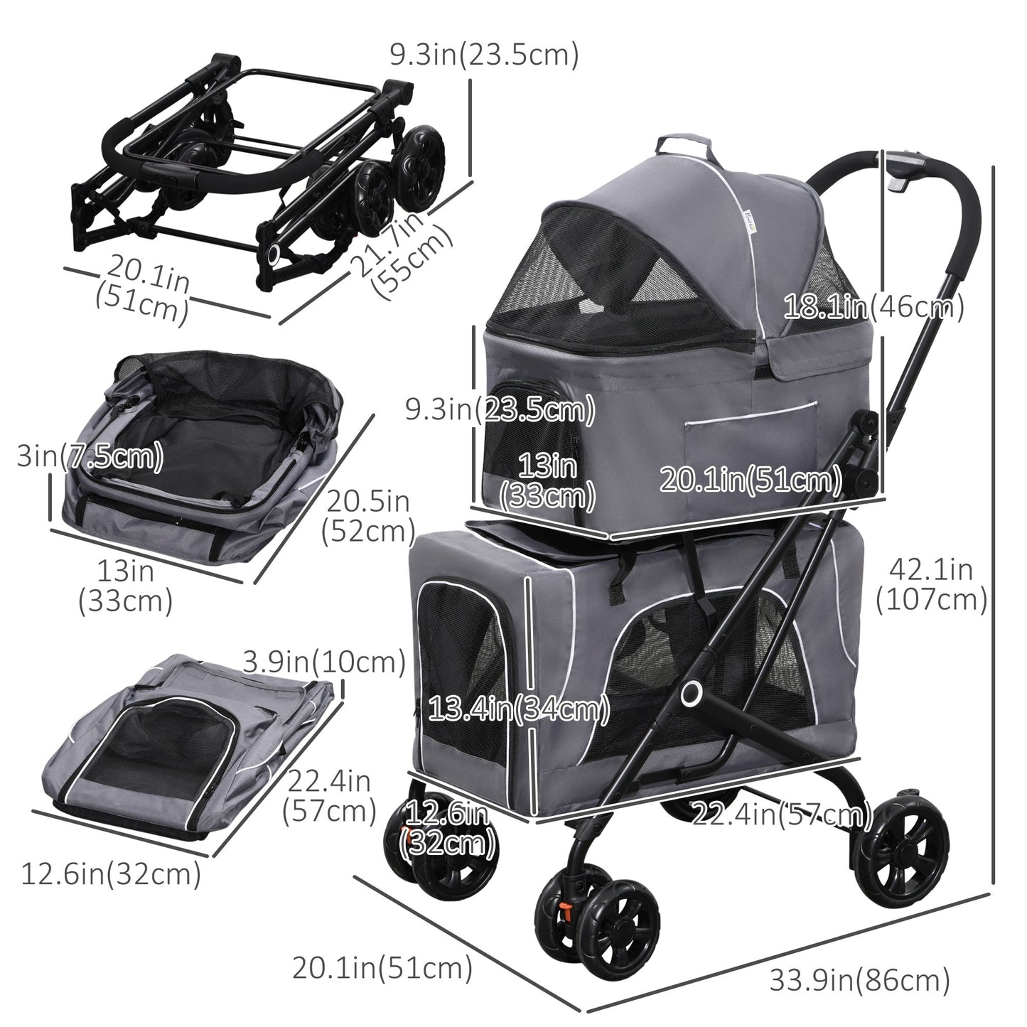 3-in-1 Double Pet Stroller for Small Miniature Dogs Cats with Removable Carrier, Foldable Travel Carrier Bag, Car Seat, Grey