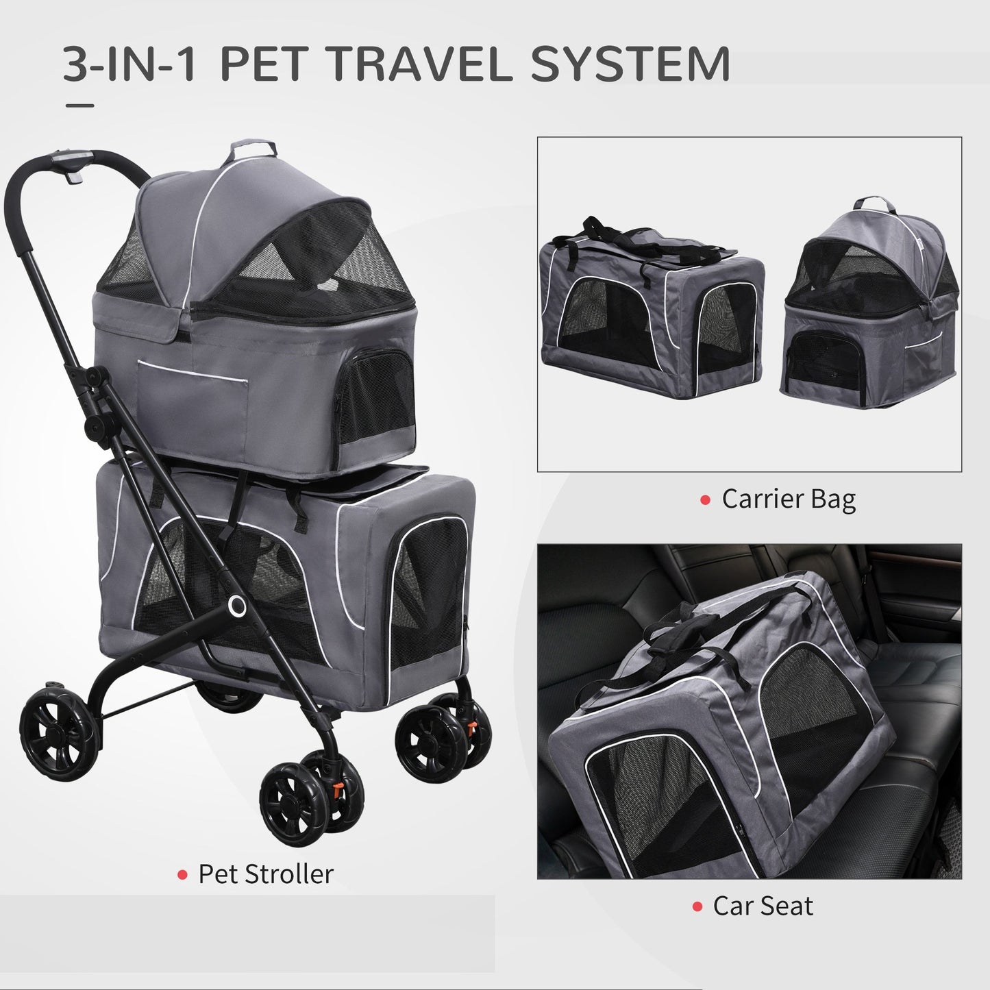 3-in-1 Double Pet Stroller for Small Miniature Dogs Cats with Removable Carrier, Foldable Travel Carrier Bag, Car Seat, Grey