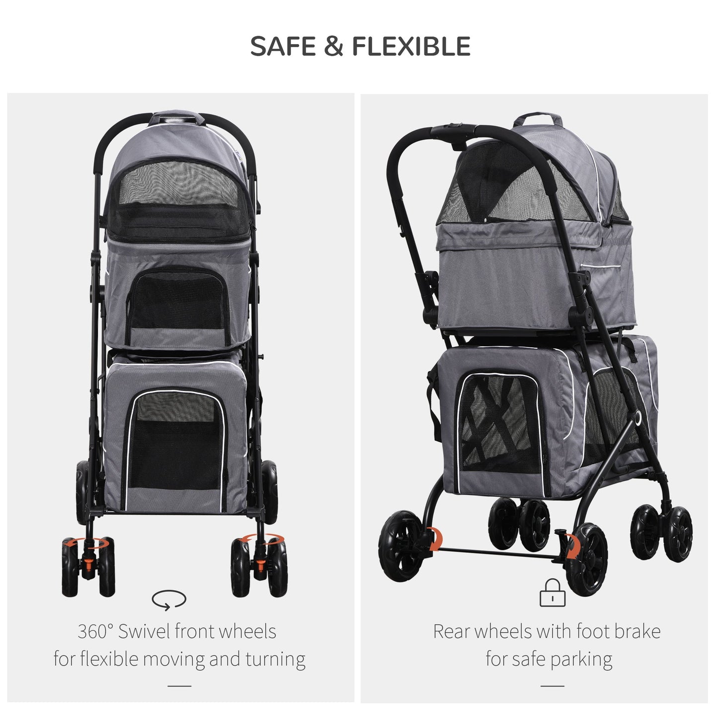 3-in-1 Double Pet Stroller for Small Miniature Dogs Cats with Removable Carrier, Foldable Travel Carrier Bag, Car Seat, Grey