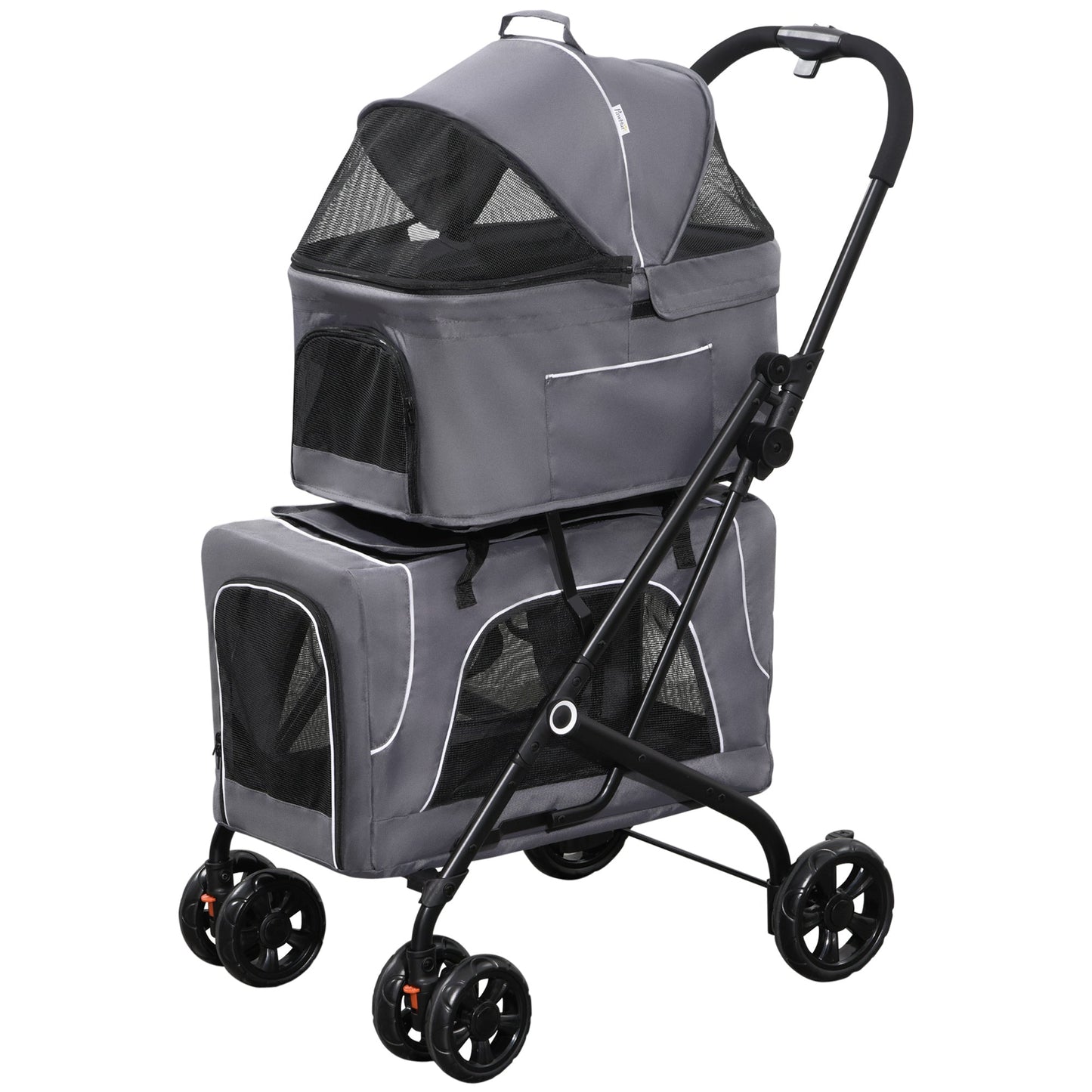 3-in-1 Double Pet Stroller for Small Miniature Dogs Cats with Removable Carrier, Foldable Travel Carrier Bag, Car Seat, Grey