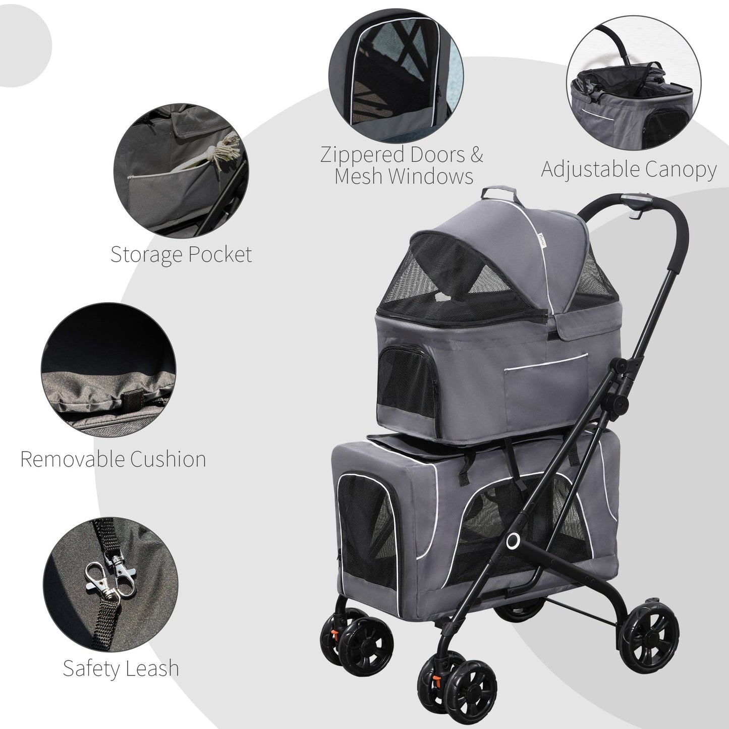3-in-1 Double Pet Stroller for Small Miniature Dogs Cats with Removable Carrier, Foldable Travel Carrier Bag, Car Seat, Grey