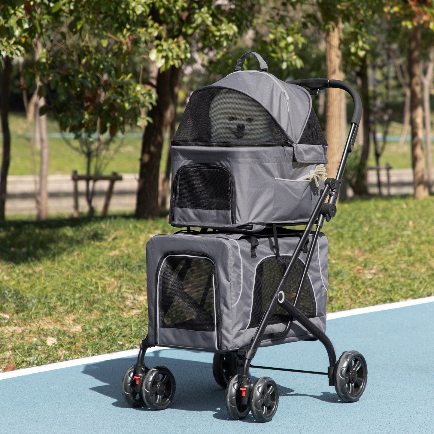 3-in-1 Double Pet Stroller for Small Miniature Dogs Cats with Removable Carrier, Foldable Travel Carrier Bag, Car Seat, Grey