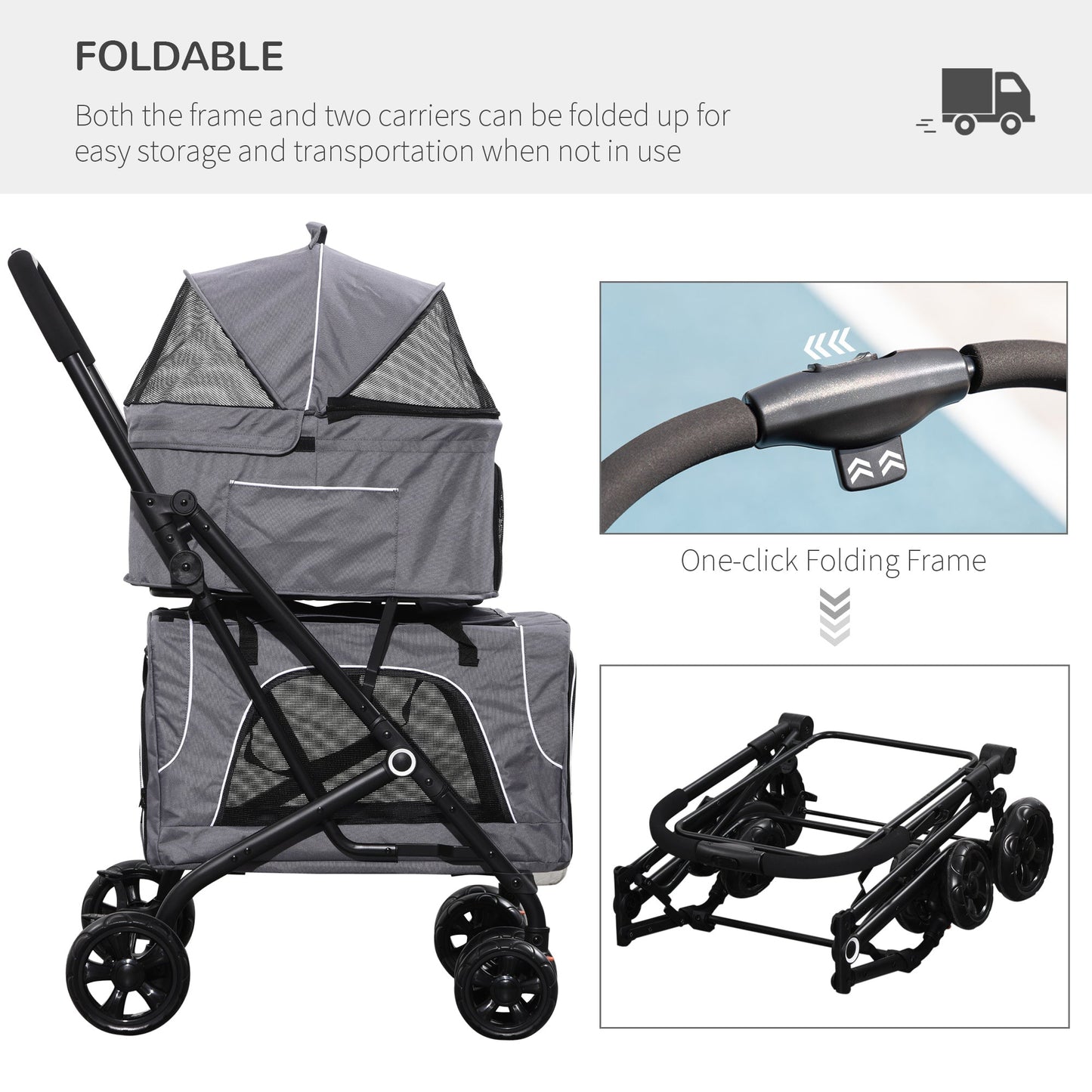3-in-1 Double Pet Stroller for Small Miniature Dogs Cats with Removable Carrier, Foldable Travel Carrier Bag, Car Seat, Grey