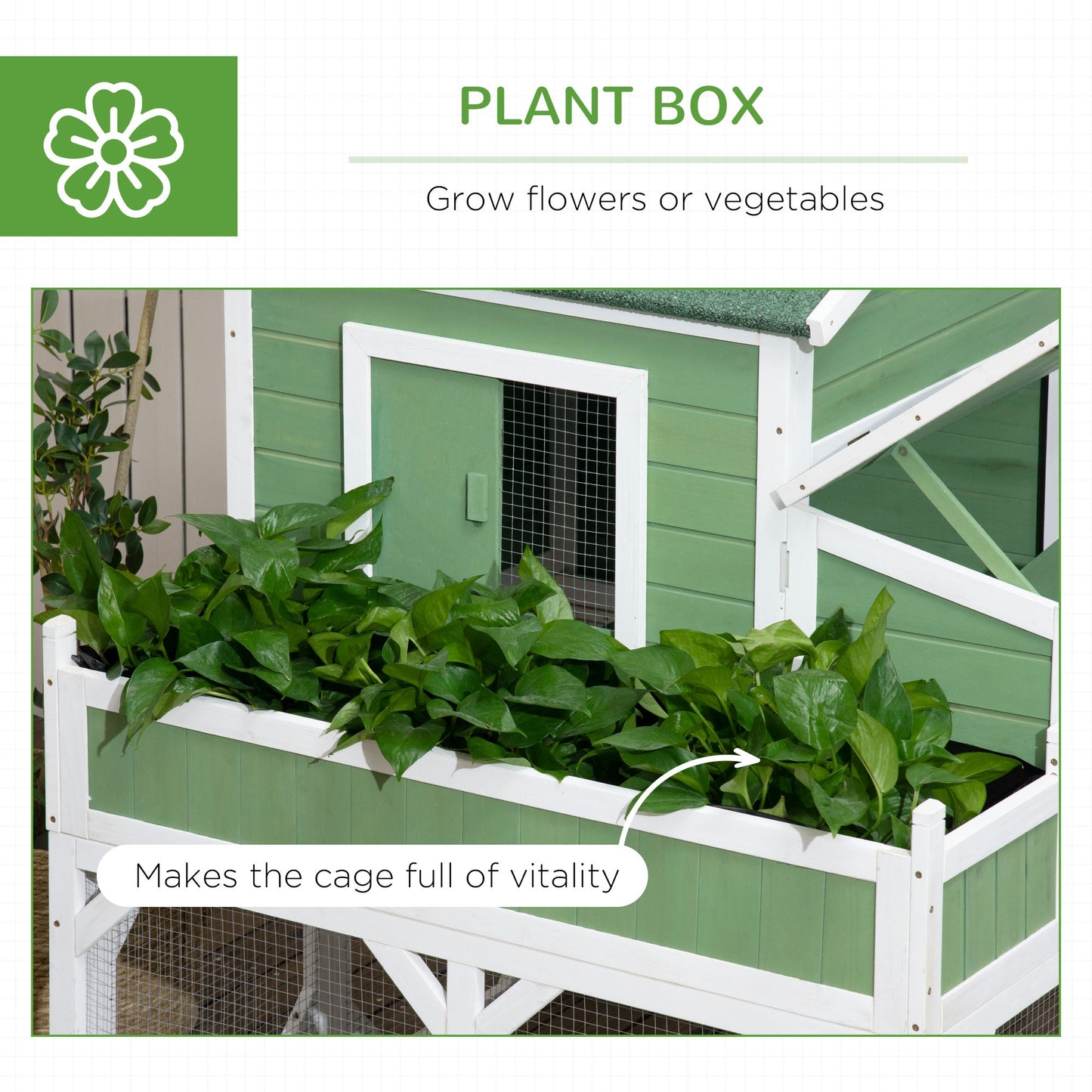 42" Chicken Coop, Wooden Hen Run House, Rabbit Hutch with Nesting Box, Removable Tray, Asphalt Roof, Planting Lattice, Green