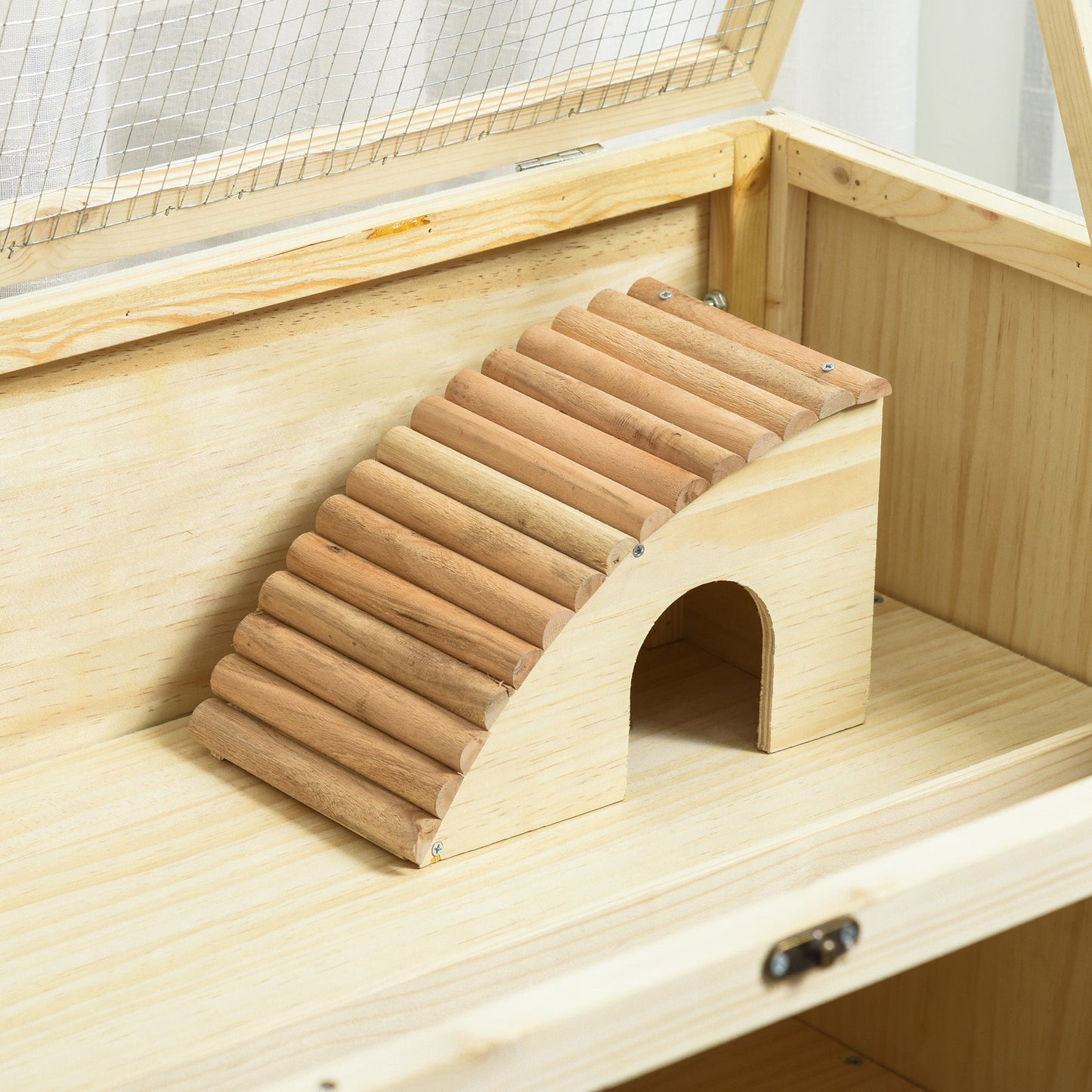 Wooden Hamster Cage, 3 Tier Rat Cage with Openable Roof, Run, Ladders, Wheels, Tray, for Hamsters, Rats, Syrian, Small Animals Exercise Play House, Natural Wood