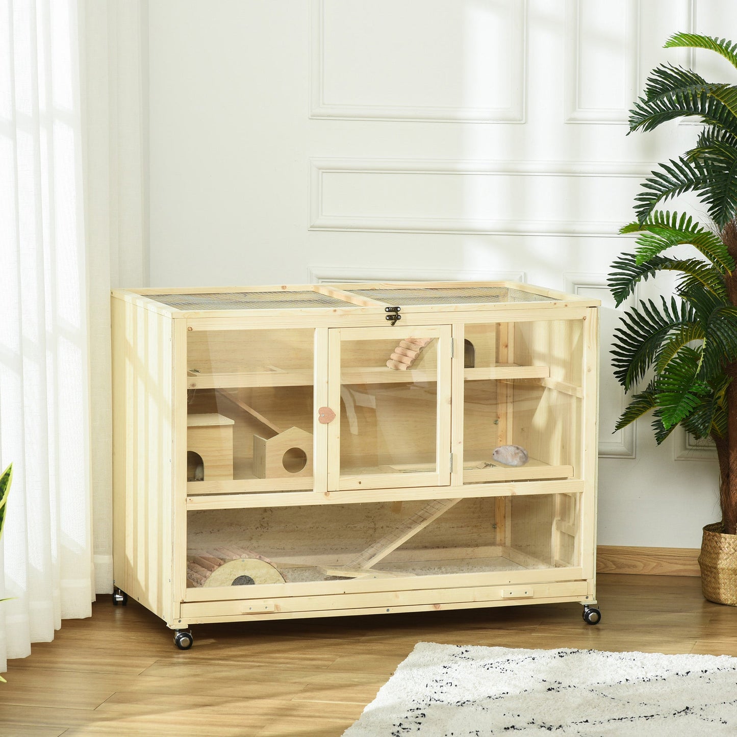 Wooden Hamster Cage, 3 Tier Rat Cage with Openable Roof, Run, Ladders, Wheels, Tray, for Hamsters, Rats, Syrian, Small Animals Exercise Play House, Natural Wood