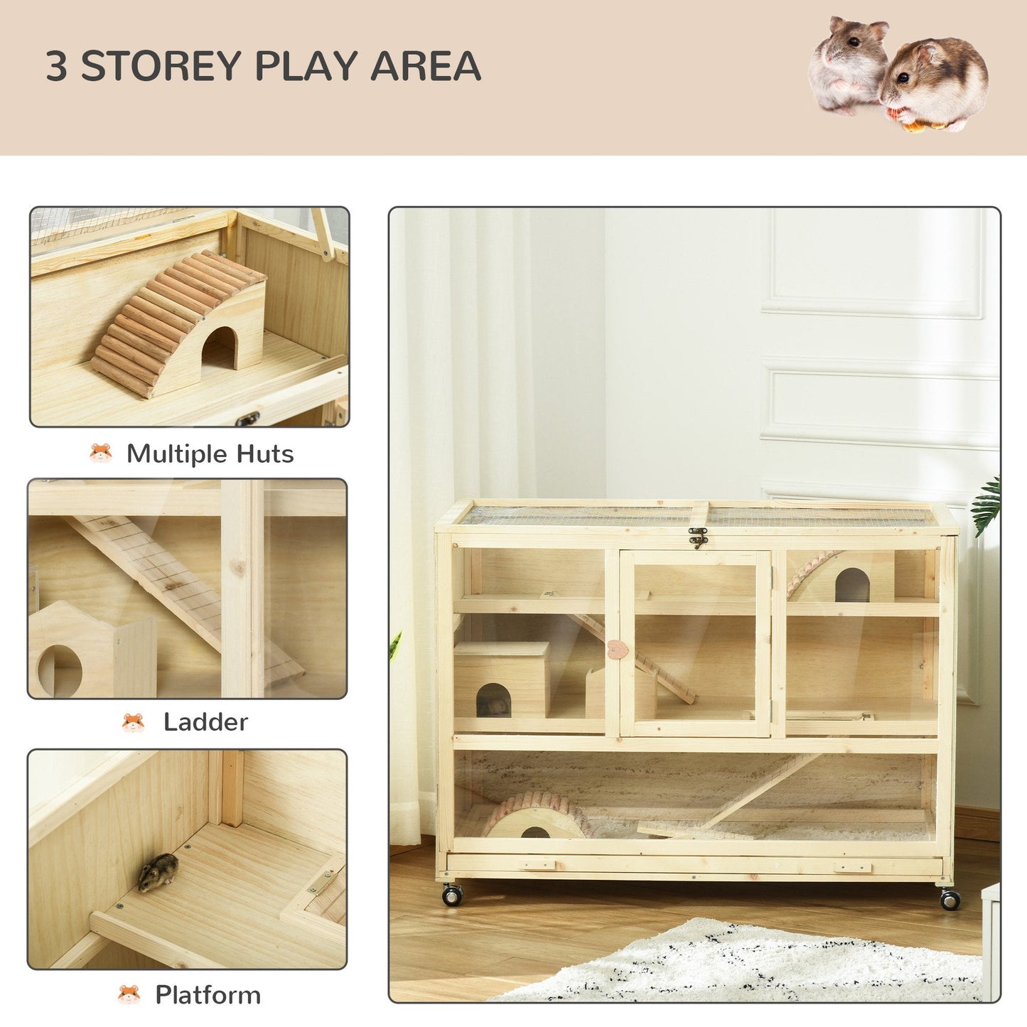 Wooden Hamster Cage, 3 Tier Rat Cage with Openable Roof, Run, Ladders, Wheels, Tray, for Hamsters, Rats, Syrian, Small Animals Exercise Play House, Natural Wood