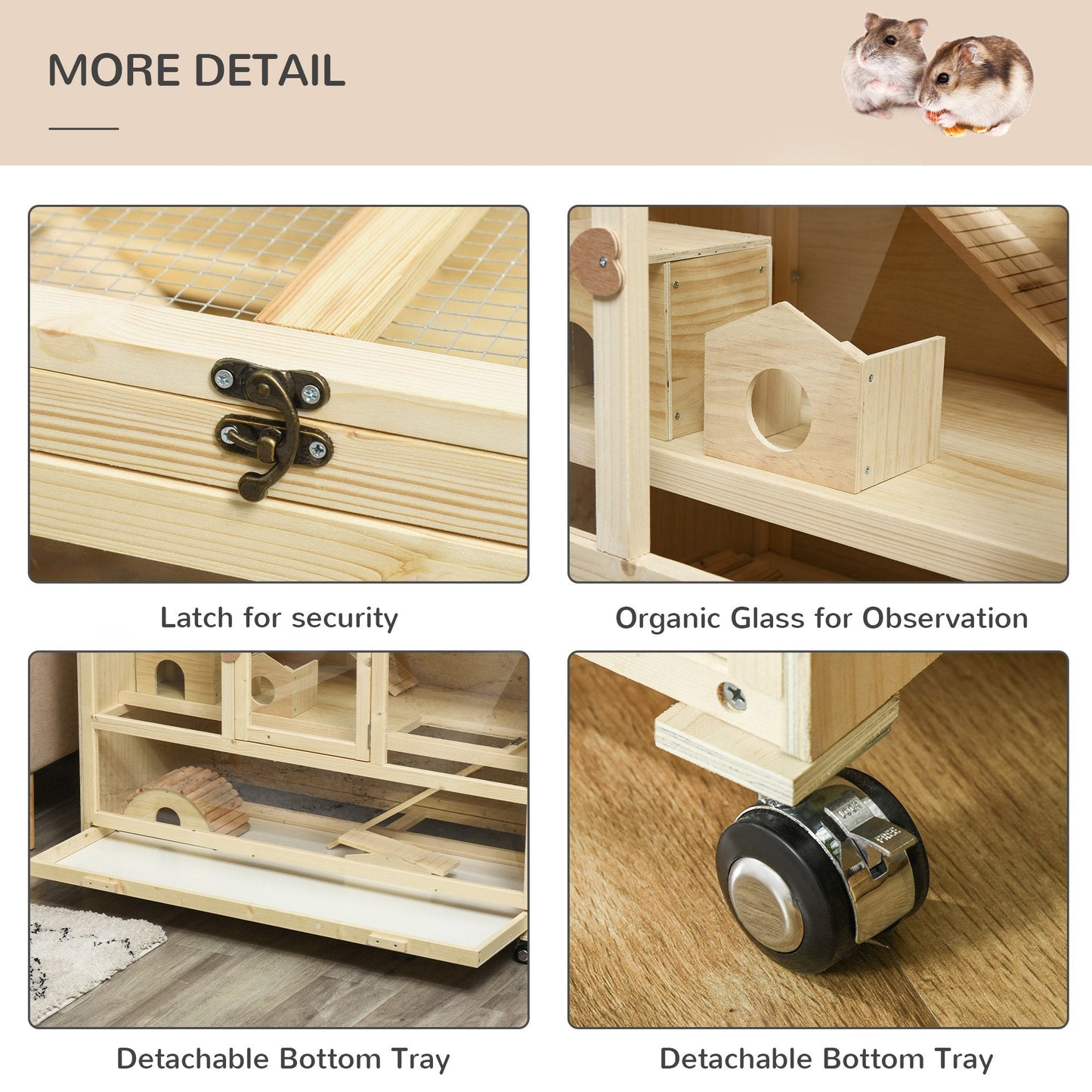 Wooden Hamster Cage, 3 Tier Rat Cage with Openable Roof, Run, Ladders, Wheels, Tray, for Hamsters, Rats, Syrian, Small Animals Exercise Play House, Natural Wood